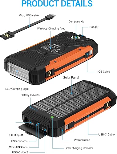 Vista 9 de Cargador solar - Cargador solar de 38600 mAh, cargador de teléfono solar integrado, 3 cables, impermeable, para exteriores, paquete de batería