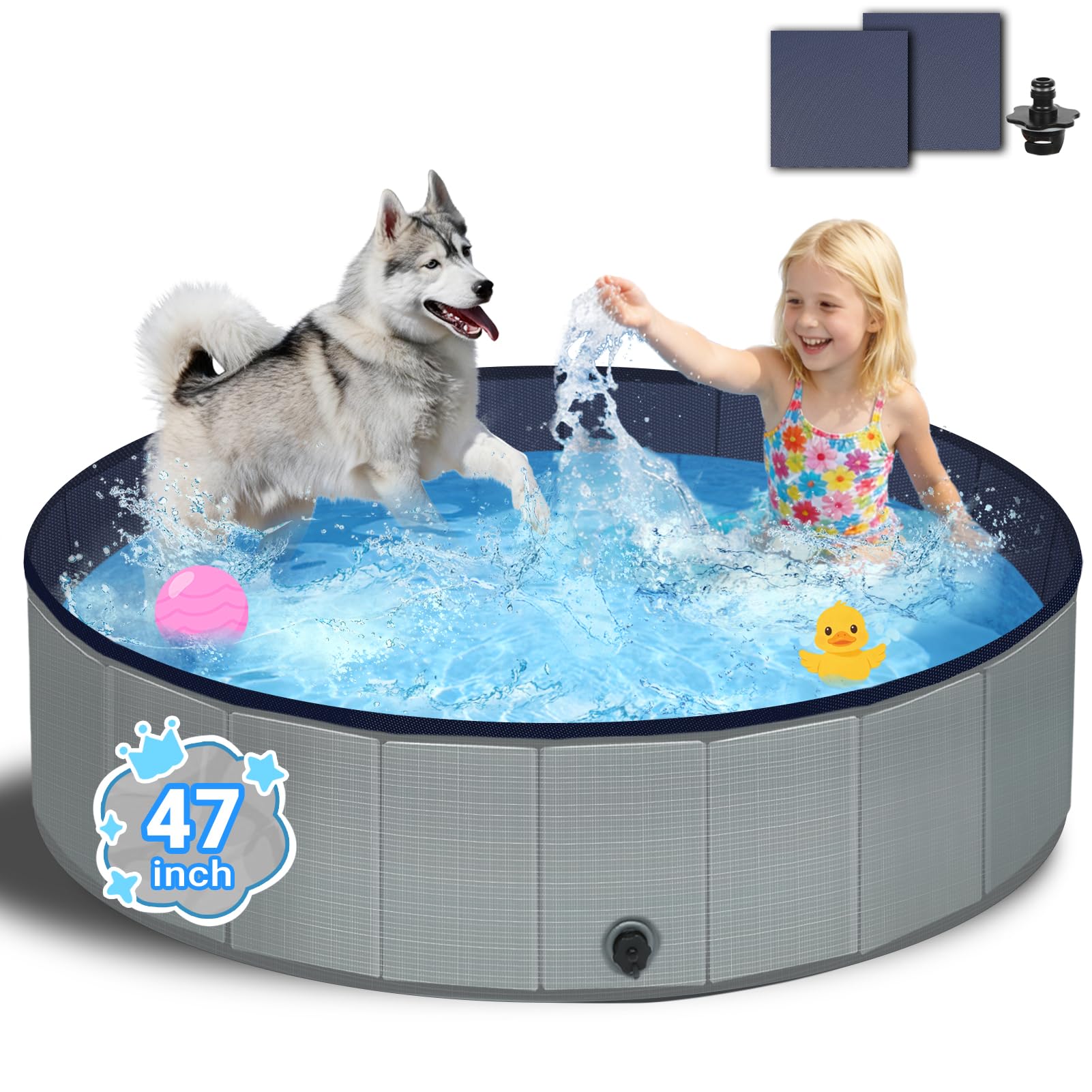 Bamda Foldable Dog Pool - 47" Kiddie Pool with Hard Plastic - Non-Slip Thickened Bottom Portable Pet Swimming Pool for Small Medium Large Dogs, Puppies & Kids(Gray)