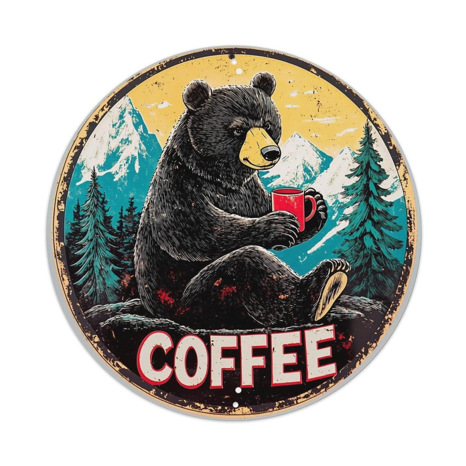 Bear Holding Coffee Mug Mountains Trees Tin Sign Metal Poster Vintage Metal Signs for Home Man Cave Bar Cafe Kitchen laundry room Wall Decorations Gift 8x8Inch