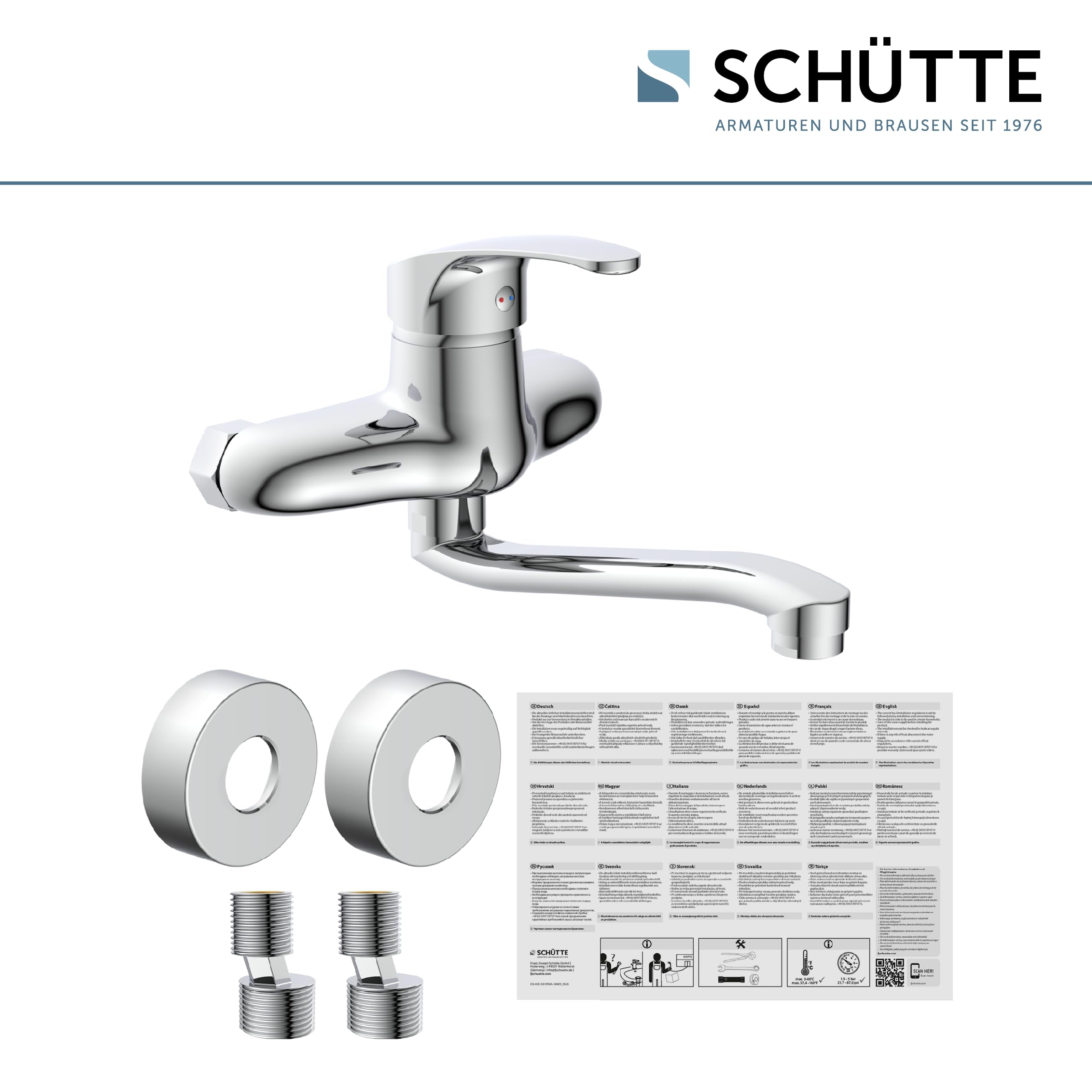 SCHÜTTE 36760 ORAZI Kran Ścienny, Chrom, Armatura 360°, Idealna do Podwójnych Zlewów, Bateria Mieszakowa do Montażu na Ścianie w Kuchni/Umywalce