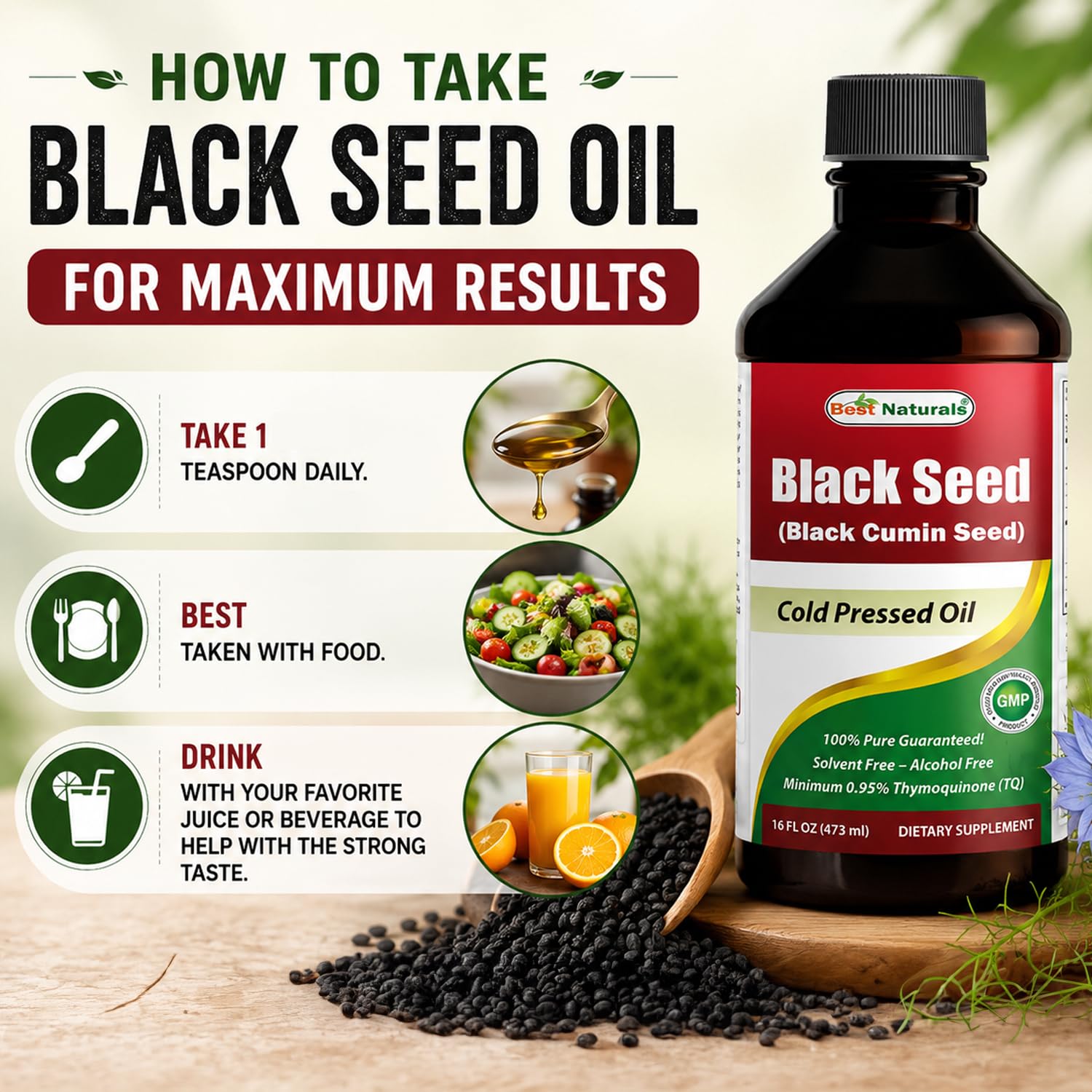 Best Naturals Black Seed Oil - Minimum 0.95% Thymoquinone (TQ) - Cold Pressed Nigella Sativa Aids in Digestive Health, Immune Support, Brain Function, Joint Mobility, Gluten Free, Non GMO - 16 OZ — Amazon image 5