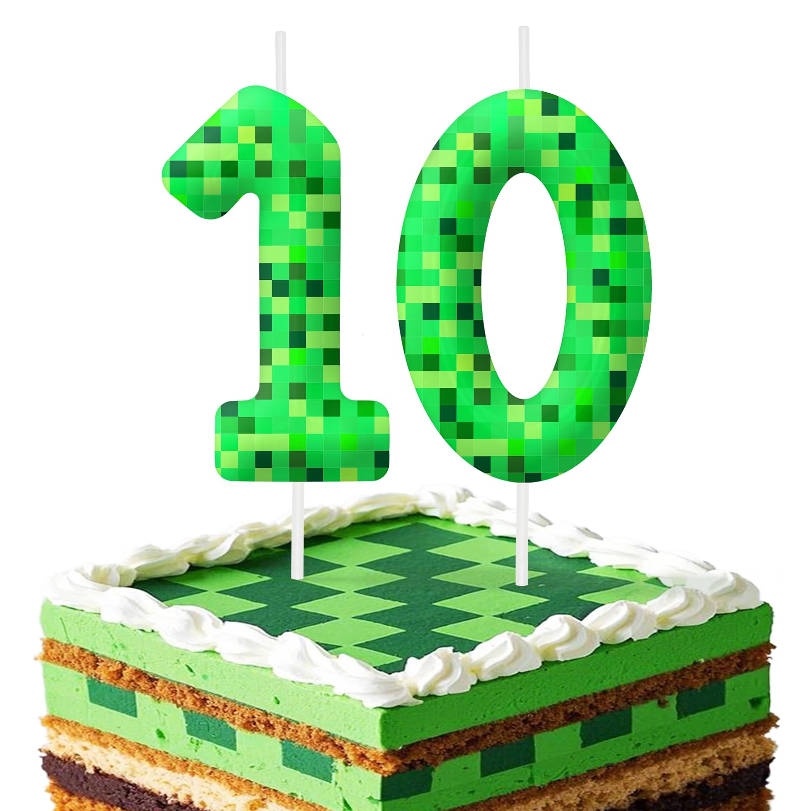 10th Birthday Candles, Green Cake Topper for Boys Girls, Number 10 Candle Cartoon Themed Birthday Decorations Party Supplies