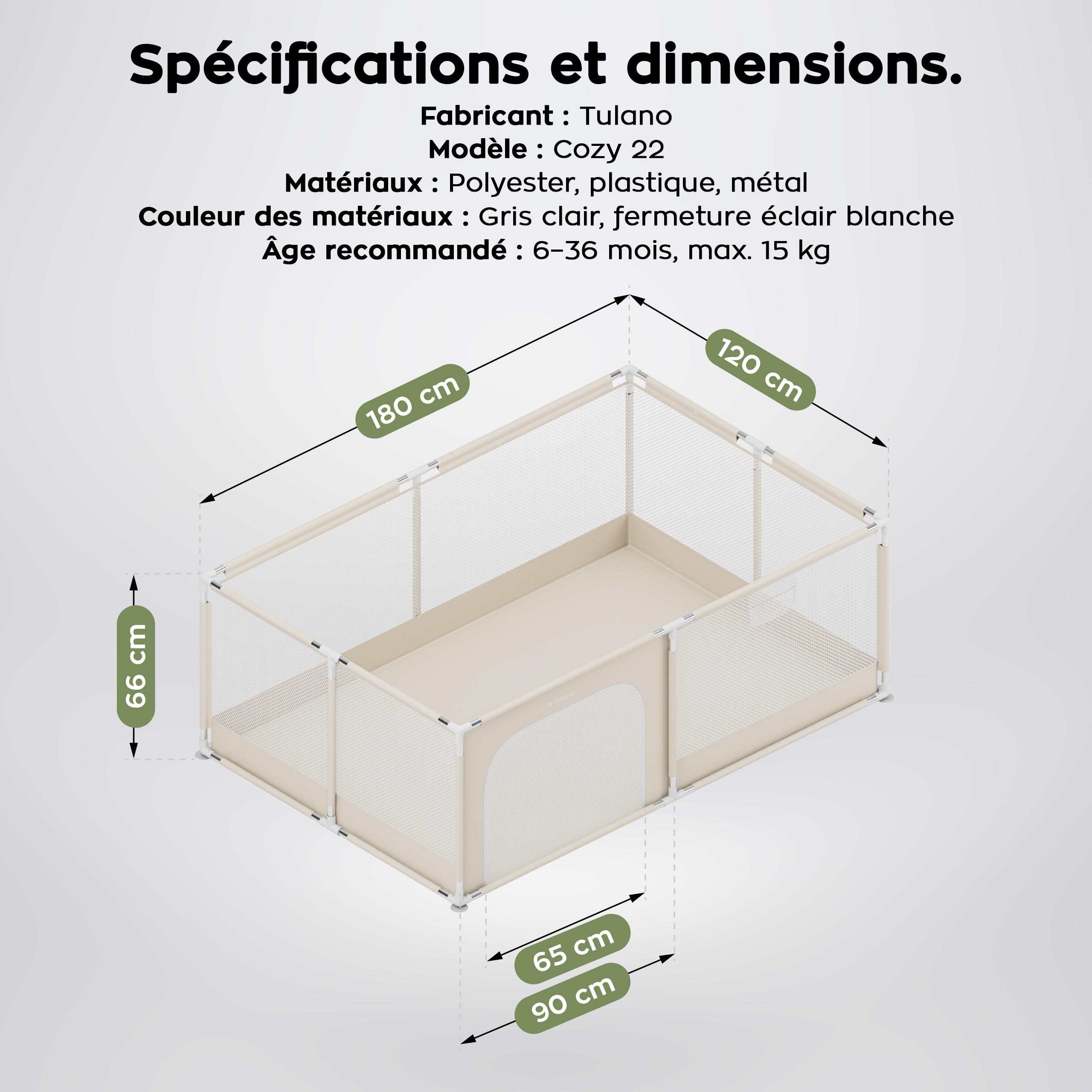 Tulano Cozy 22, parc bebe avec fond, structure métallique stable, Beige | parc enfant pour usage intérieur et extérieur, parois en maille, entrée zippée, Sac de Transport, 180x120-6 à 36 mois