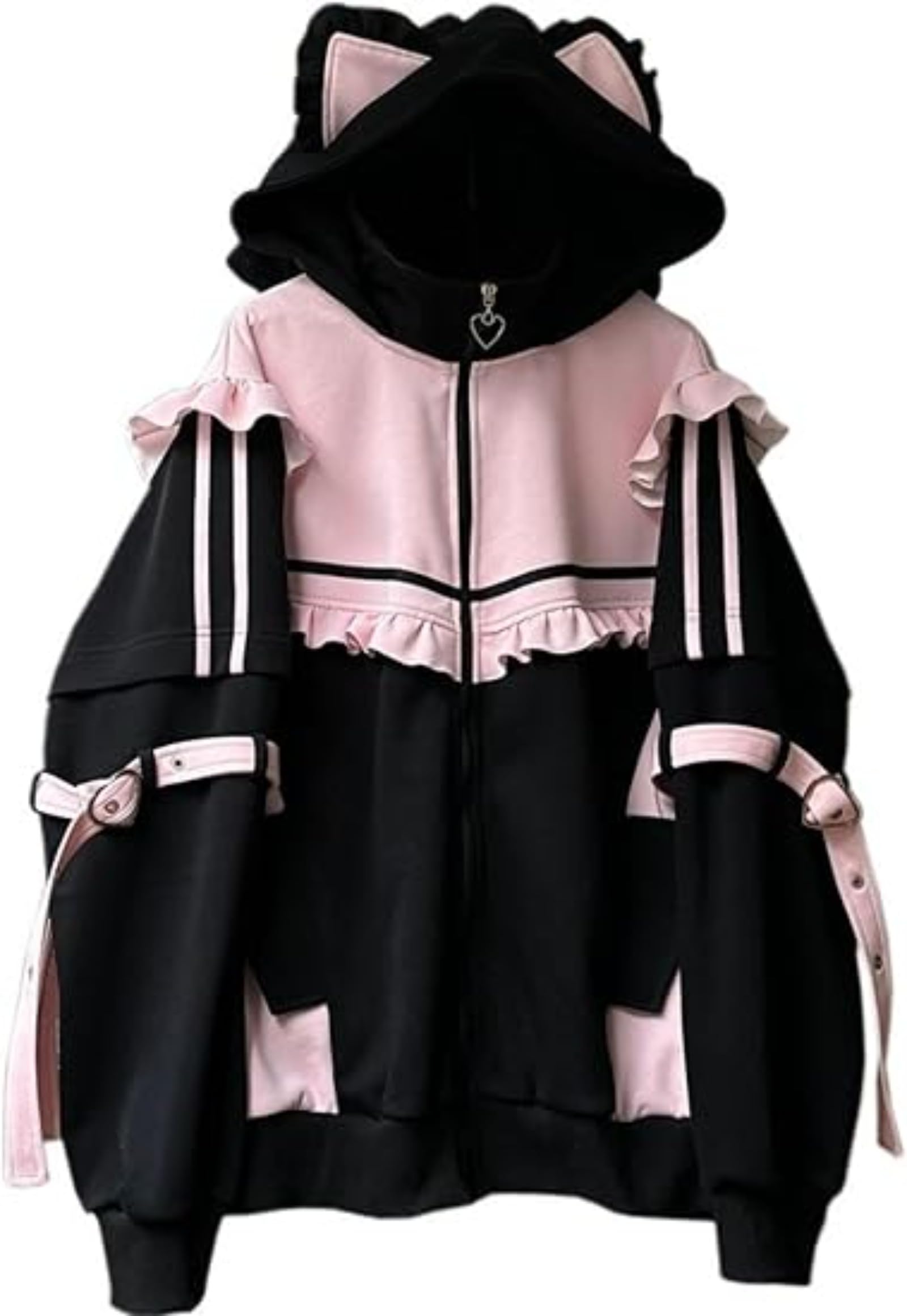 Pokn Tenshii Kawaii Hoodies Jirai Kei Fashion Cute Cat Ears Clothes Oversized Zip Up Hoodie Gothic Top: Pink Medium