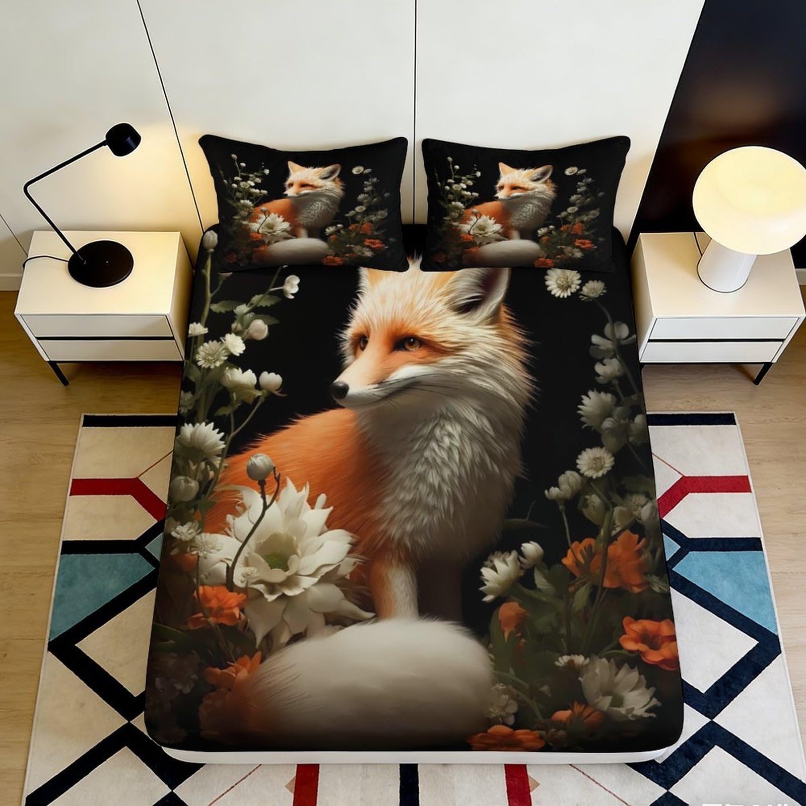 Uynsixtme Style-4 3D Printed Fox Floral Fitted Sheet Microfiber Non-Slip Deep Pocket Bedroom Bedding Fox Mattress Fitted Cover For Adults Teens 200X200x25cm