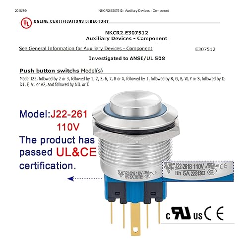 Miniatura 10 de 2 interruptores de botón con pestillo de 0.866 pulgadas, alto redondo, parada de arranque, resistente al agua, encendido y apagado, acero inoxidable