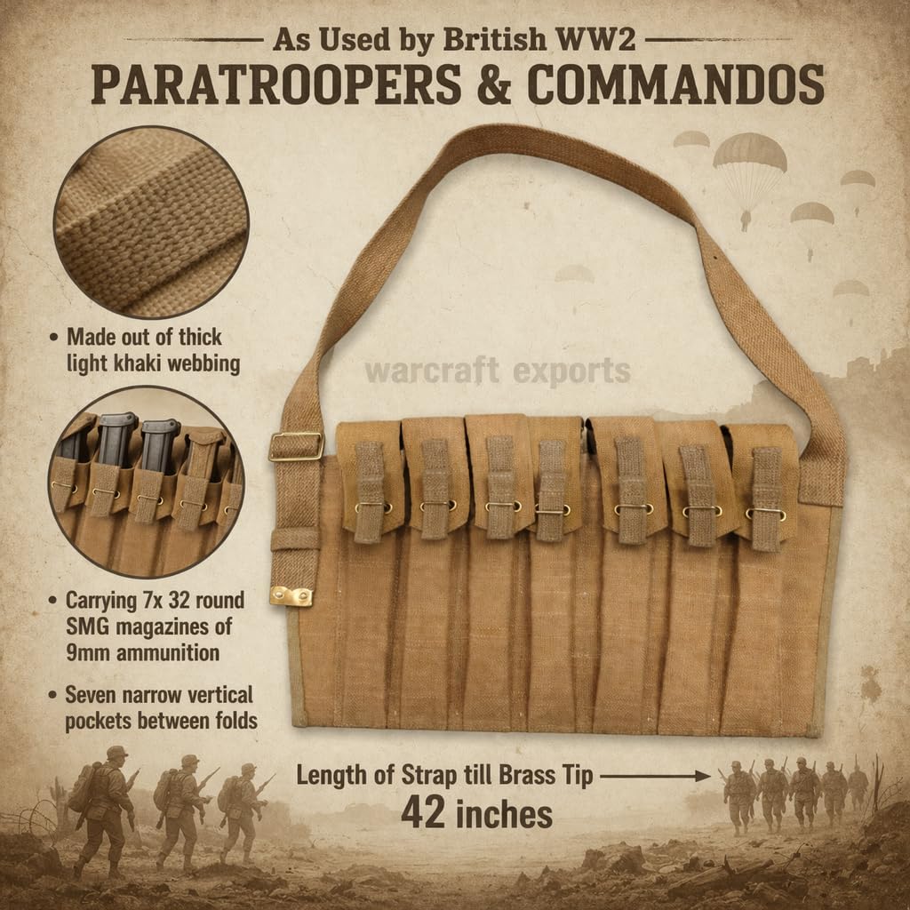 100% Canvas 7 Pocket 9mm Shoulder Bandolier Magazine for Britishers with Adjustable Strap & Flap Closure - Light Khaki