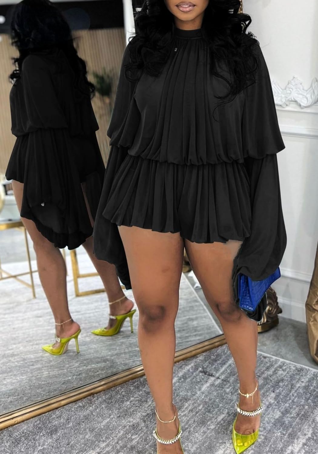 Vaceky Womens Rompers for Summer Long Sleeve Ruffle Bubble Dress Shorts Jumpsuits - Image 2