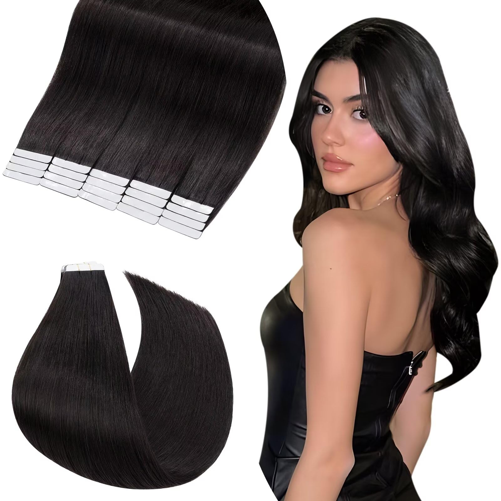 UK-Fashion-Shop 20PCS Tape in Human Hair Extensions Real Hair Natural Black 1B 18inch 50gram Remy Hair Pieces Long Straight Natural Skin Weft Seamless Invisible