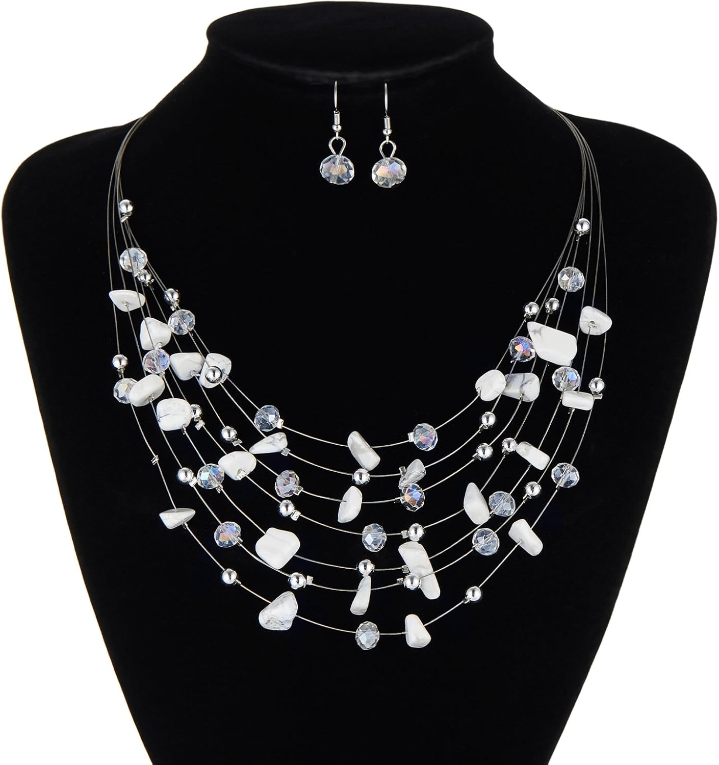 Multi-Layer Boho Shell Beaded Necklace for Women Colorful Crystal Strand with Silver Beads Statement Collars Necklace and Earrings Costumes Jewelry Sets for Women - Image 4