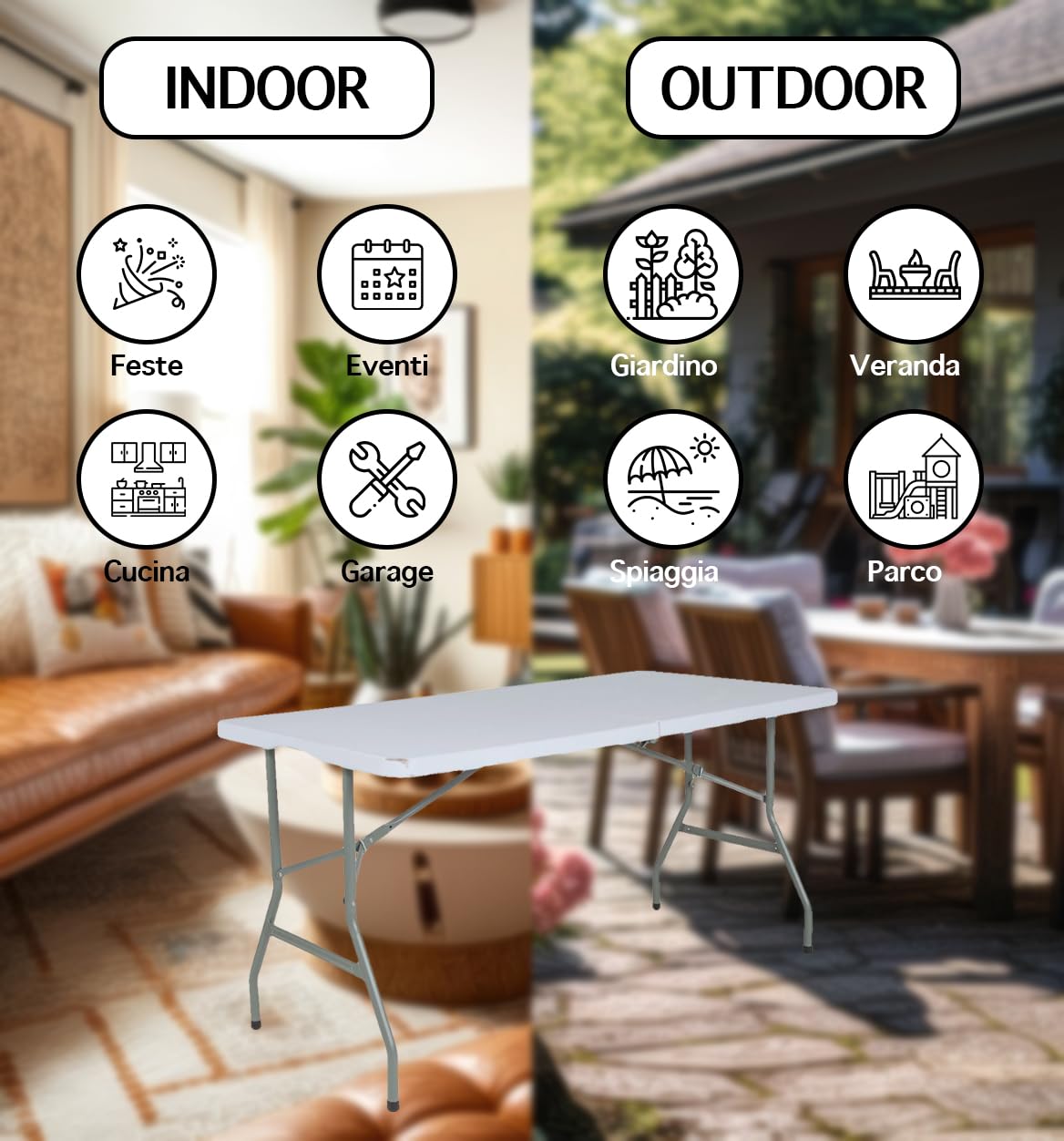 IlGruppone Tavolo Pieghevole Bianco Richiudibile Tavolino Pic Nic Esterno Salvaspazio Camping Terrazzo CamperStruttura In Acciaio Per Feste Giardino Campeggio Vacanze Lunghezza 180 Cm