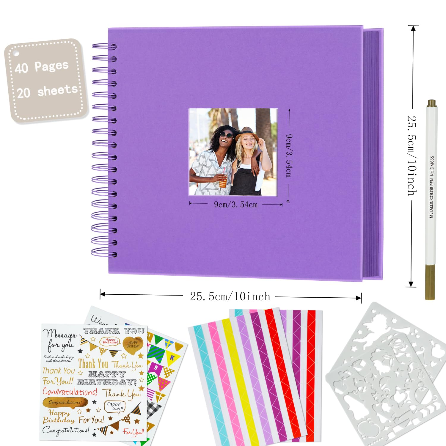 Miaikoe 25.5x25.5 cm DIY Scrapbook Album with Window Hardcover Kraft Blank Paper Scrap Book with 20 Sheets Photo Album for Guest Book Family Wedding Anniversary (Purple) - Image 4