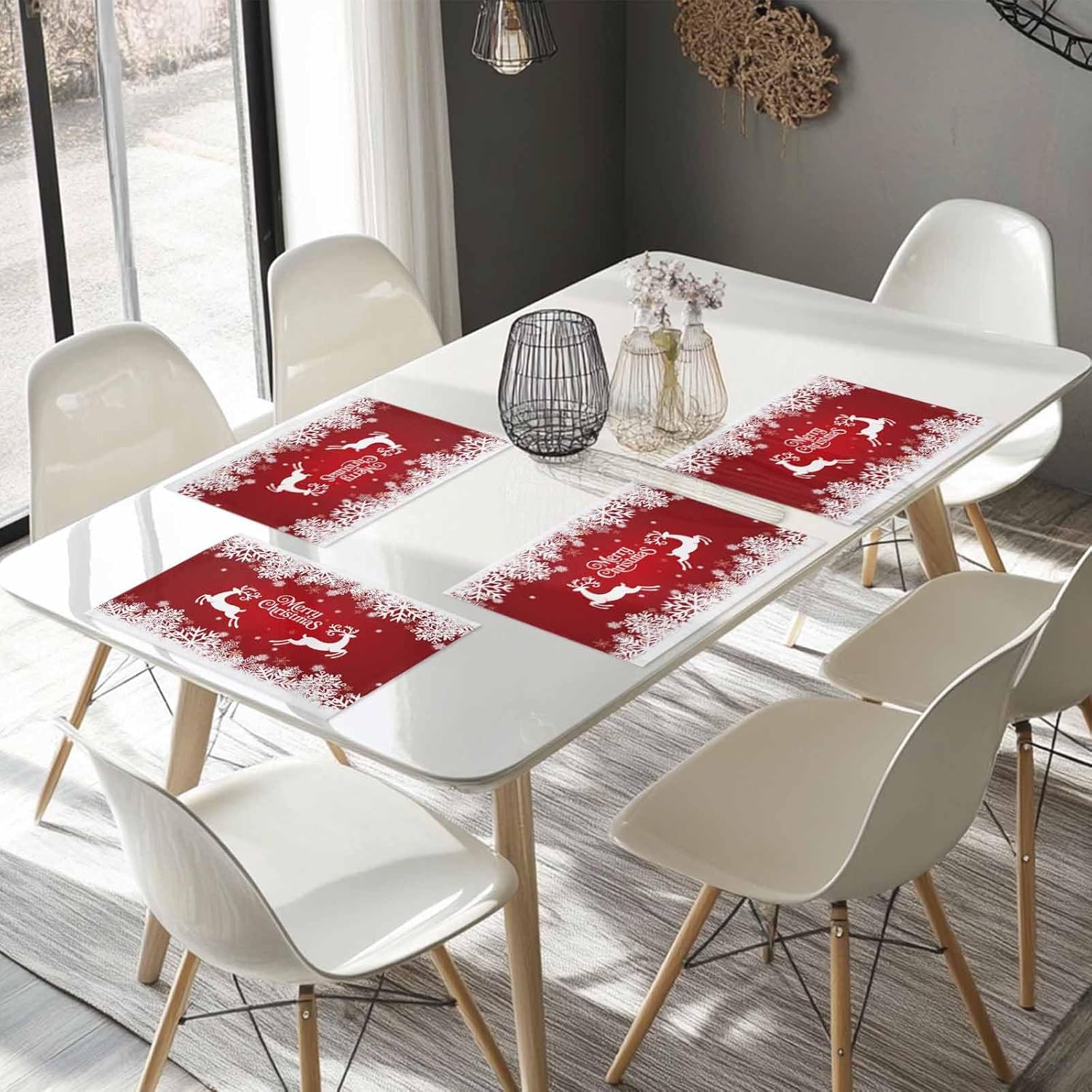 Snowflake Deer Christmas Placemats Set of 6, Washable Cotton Linen Table Mats for Kitchen Dining Table, Heat Insulation Place Mats for Indoor Outdoor Parties, Holiday Decorations