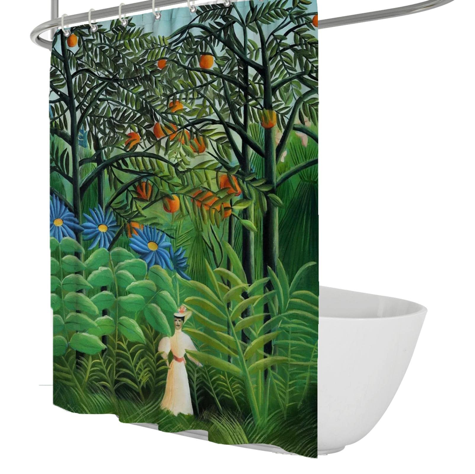 Zielona roślina zasłona prysznicowa Henri Rousseau drzewo owocowe kwiaty liście fantazyjne zasłony łazienkowe trwała zasłona prysznicowa zestaw 200 x 240 cm