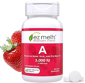 EZ Melts Vitamin A - Skin, Eye & Bone Health Supplement - Supports Healthy Nervous System - No Artificial Flavors - Non-GMO & Vegan - Strawberry Blast - 60 Dissolvable Tablets (60 Servings)