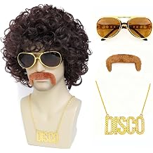 ByouByou Men's Afro Curly Wig Set with Mustache Sunglasses Necklace, 70s 80s Retro Disco Costume Kit, Synthetic Curly Wig for Halloween Cosplay Party, Dark Brown