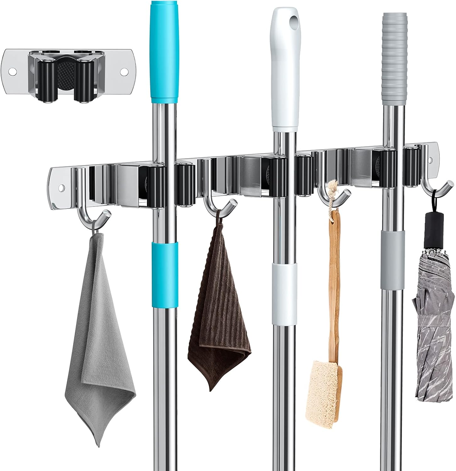 Portascopa Da Muro Con 4 Posti E 5 Ganci - In Alluminio E Gomma, Per Cucina, Garage O Giardino - Foto 10