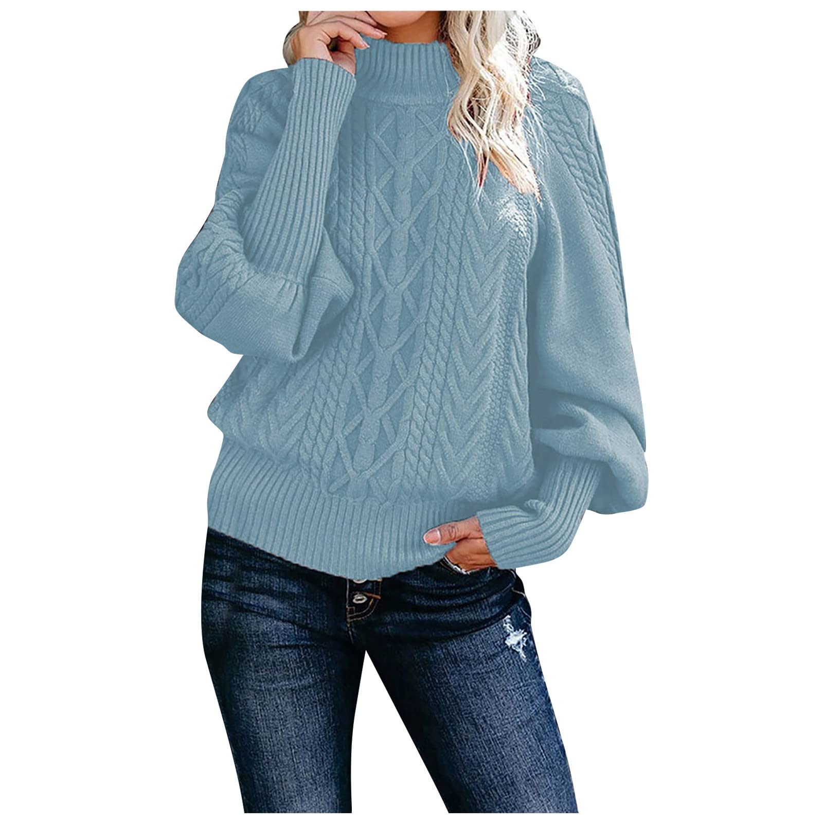 Womens Fashion Sweaters Loose Mid Neck Long Sleeve Pullover Knit Solid Color Sweater Comfortable Top