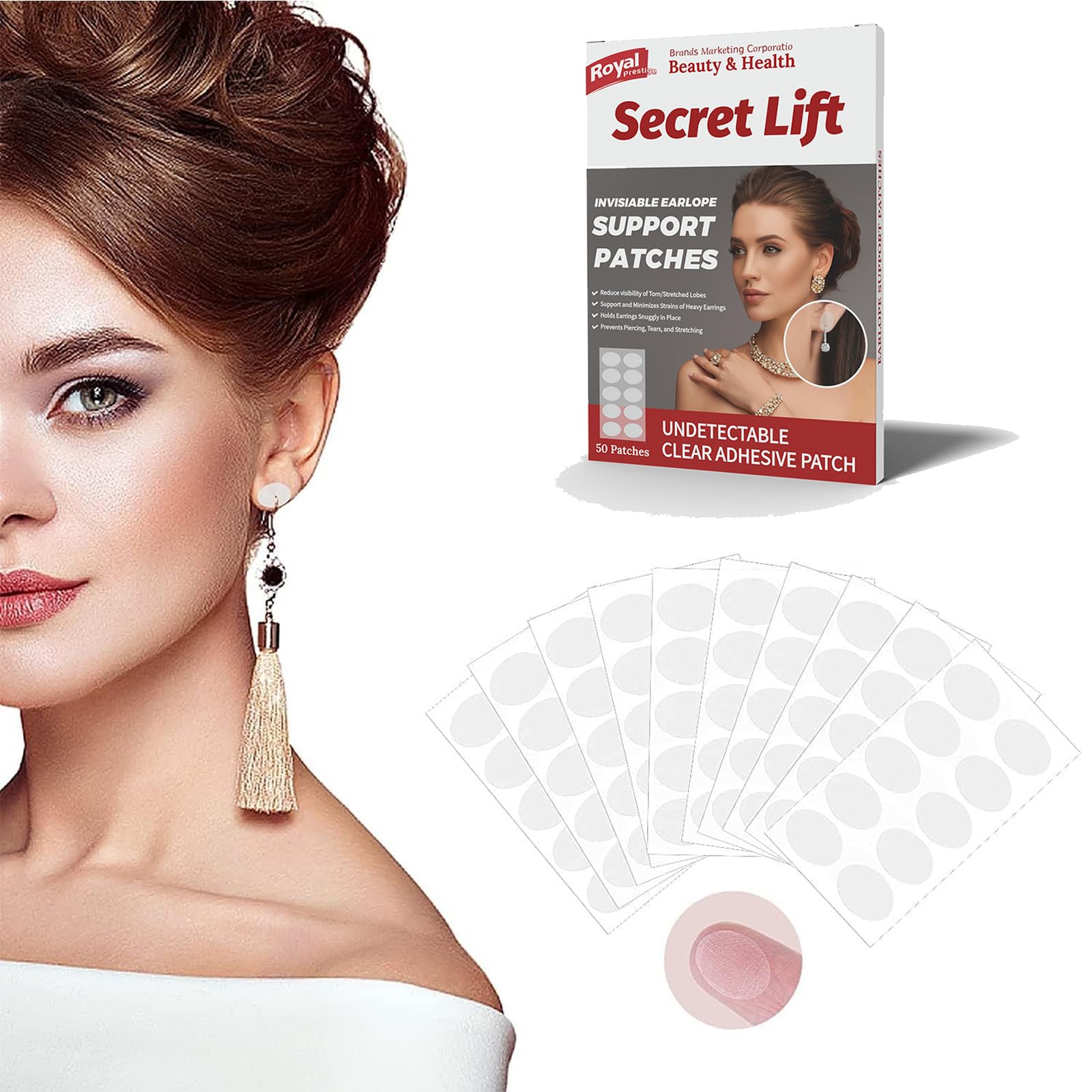 QUEENADA 5 Pack Ear Patches - 300 Invisible Earring Ear,Ear Lobe Support Patches,Heavy Earrings Stabilizers Large Earrings Support Patches Stickers