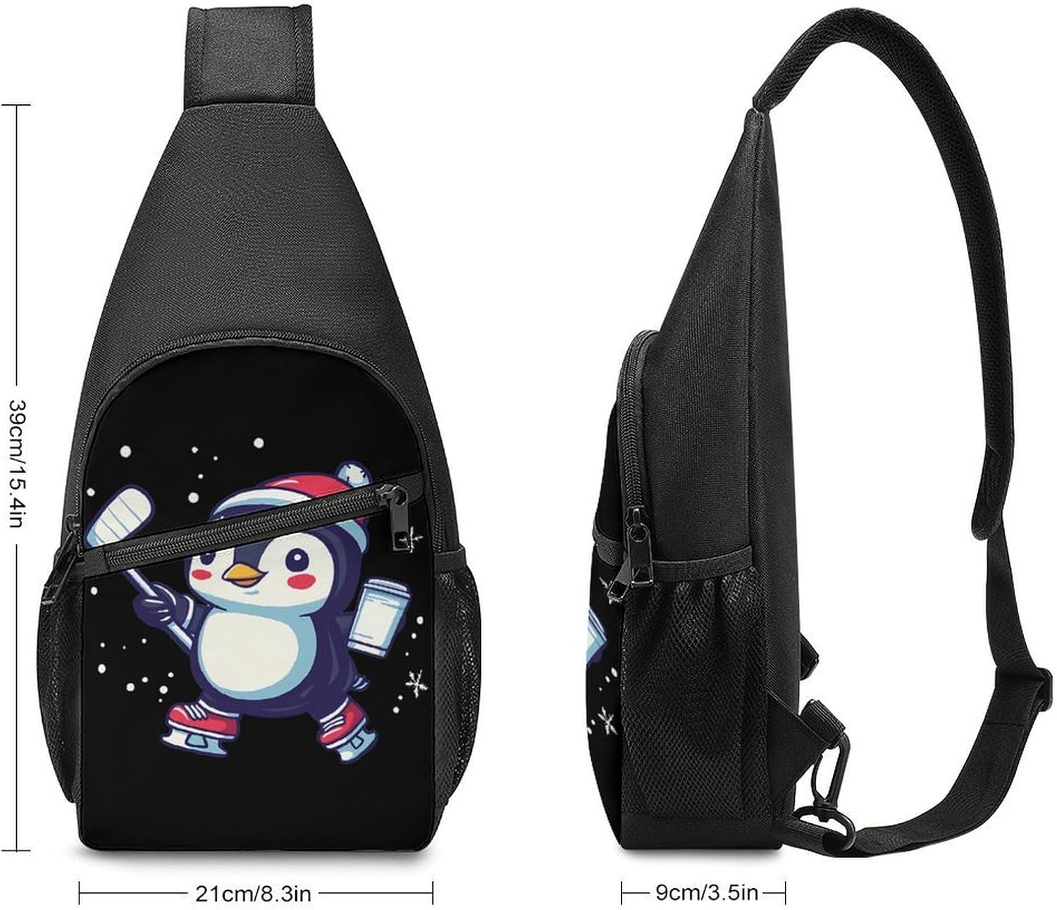 Penguins Playing Hockeys Crossbody Sling Backpack Chest Bag Daypack | unisex,trendy,with convertible and detachable shoulder strap,side pockets