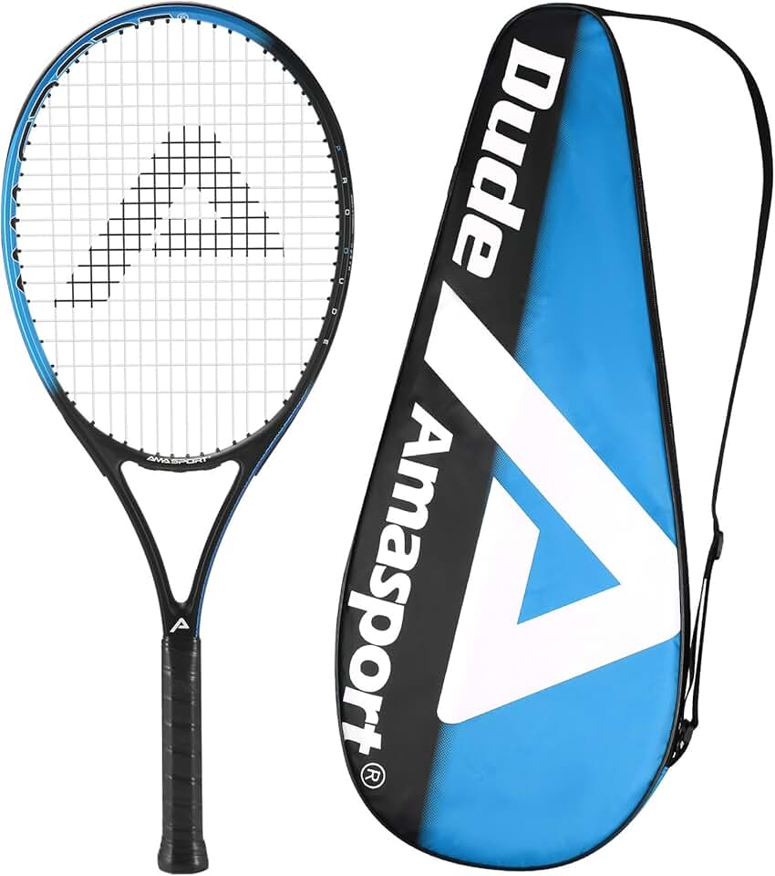 AMA SPORT Raquetes de tênis Pro Dude - 68,5 cm - Raquete de tênis composta de carbono - Raquete de tênis intermediária para iniciantes - Pré amarrada