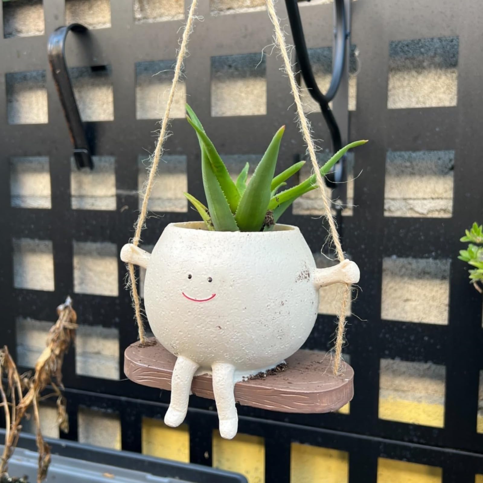 Huahuanghui Blumentopf Hängend – Schaukel-Design Mit Smiley-Gesicht, Harz, 13,8 X 11 Cm (Durchmesser 7 Cm), Mit Ablaufloch, Für Sukkulenten, Innen & Außen, Balkon