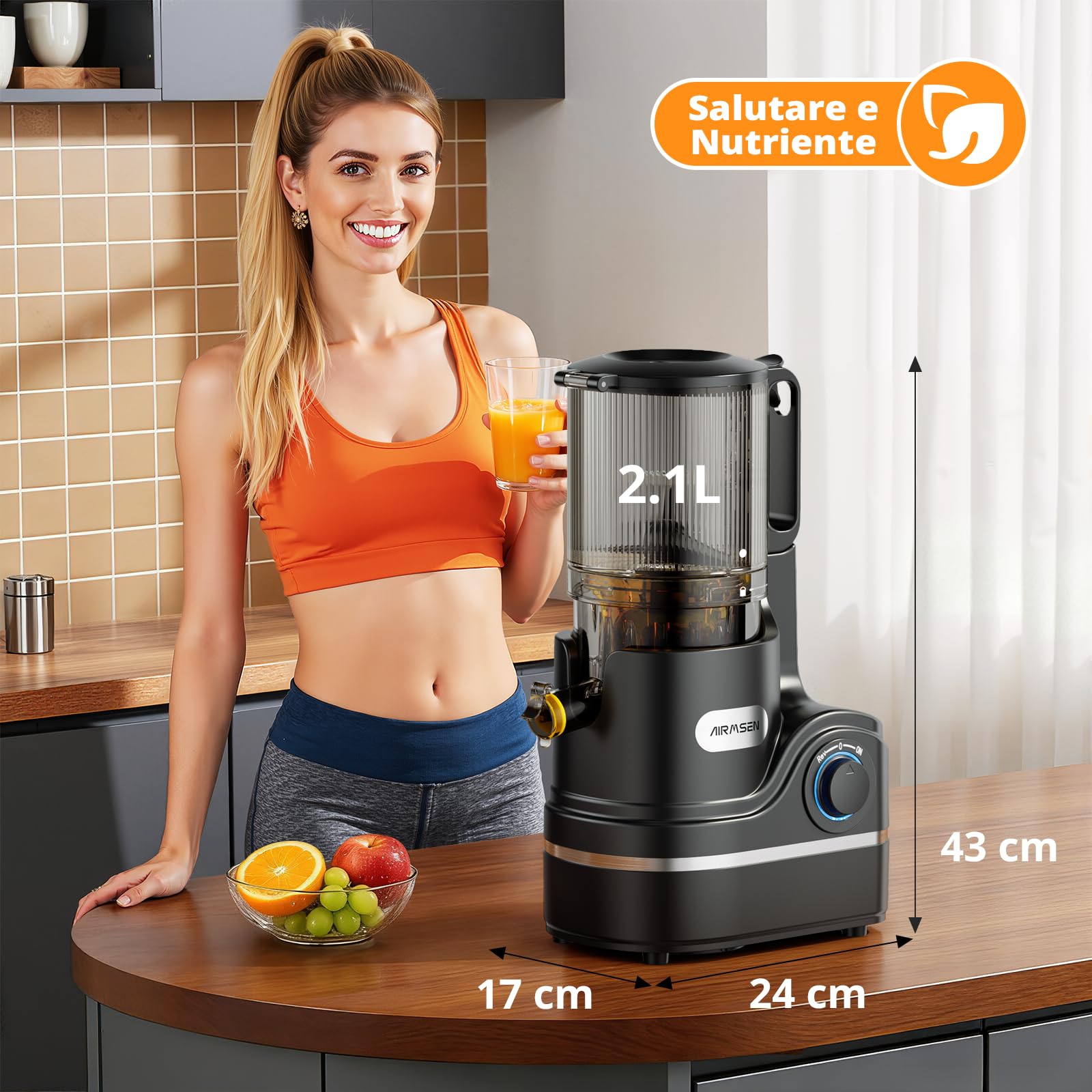 AIRMSEN Estrattore di Succo a Freddo Elettrico, Slow Juicer con Imboccatura Extra Large da 147 Mm, Capacità di 2,1 L, Motore da 300 W, Tecnologia a Spirale Lenta Migliorata 7+1, Facile da Pulire Nero