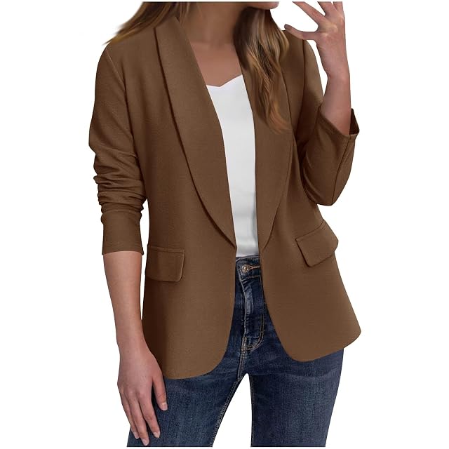 Ruched Blazers for Women Business Casual Lapel Collar Open Front Blazer Long Sleeve Jackets with Padded Shoulder