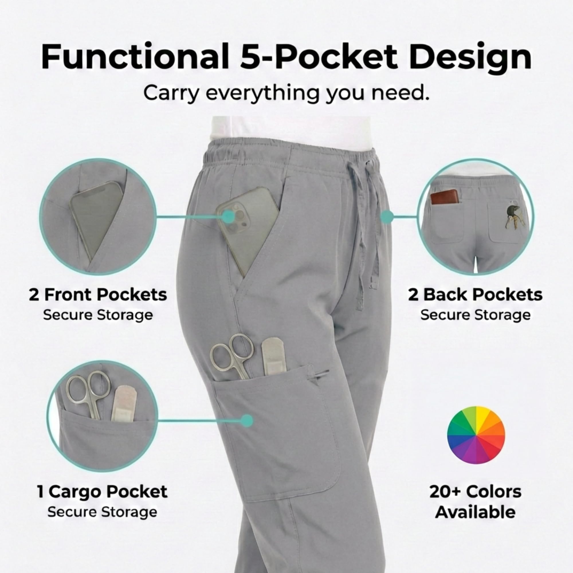 MediChic Pantalones deportivos para mujer, 4 bolsillos, elásticos en 4 direcciones, absorben la humedad, antiarrugas, cintura elástica