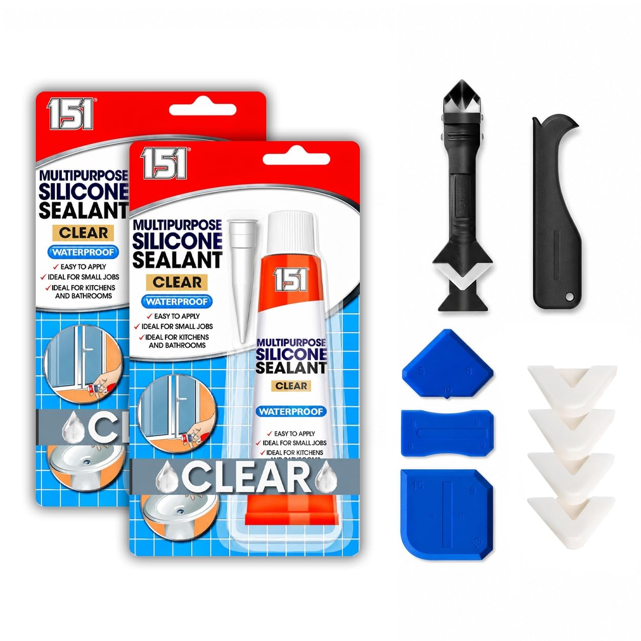 Clear Silicone Sealant 70g x2 Bundled with Caulking Tool Kit & Sealant Remover Tool, Waterproof Bathroom Silicone Sealant, Shower Sink Window Repair, Clear Waterproof Sealant