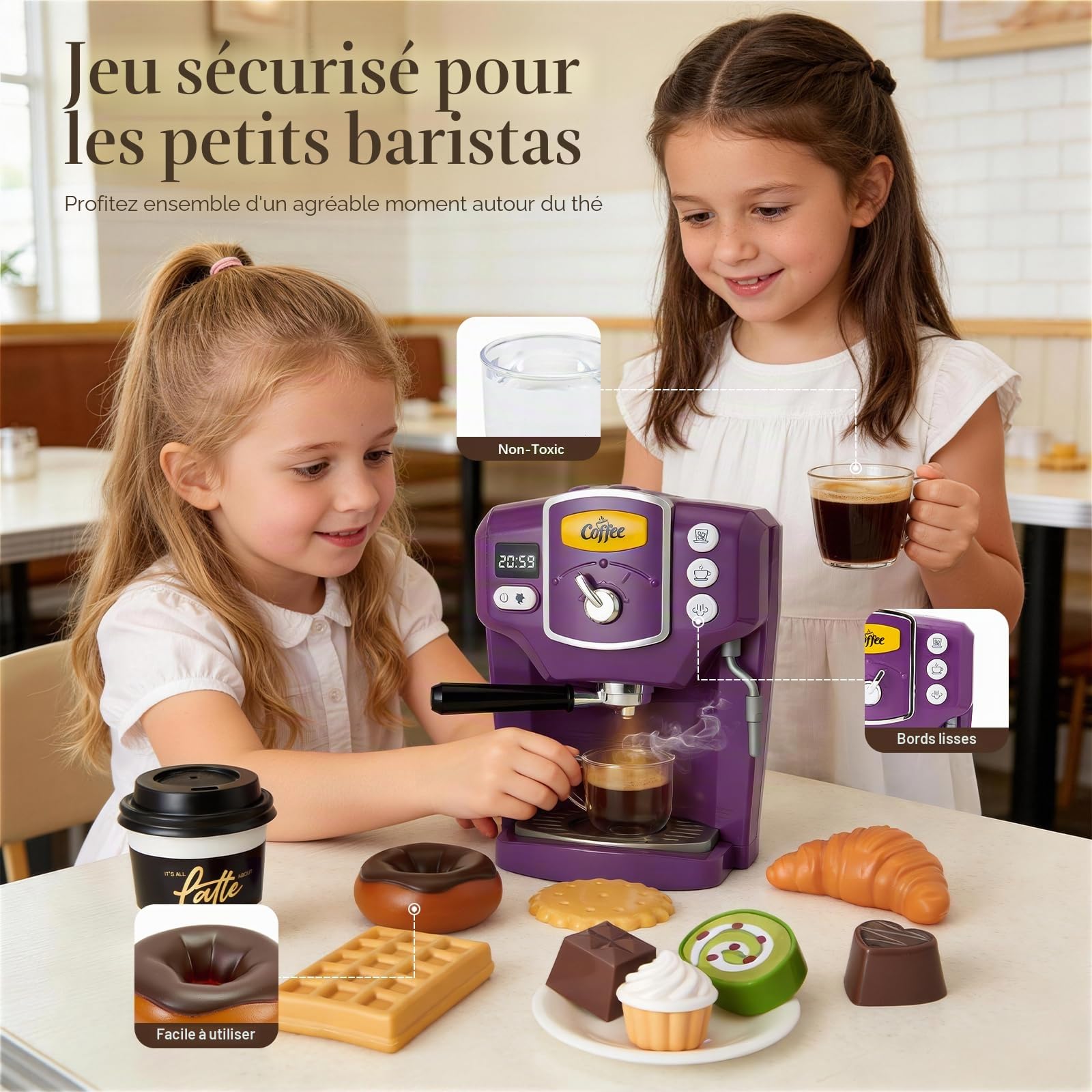 Machine à Café pour Enfants avec Son & Lumière & Fonction Eau & Desserts Imités - Jouet de Jeu de Rôle - Cadeau d'anniversaire pour Filles et Garçons à partir de 3 Ans