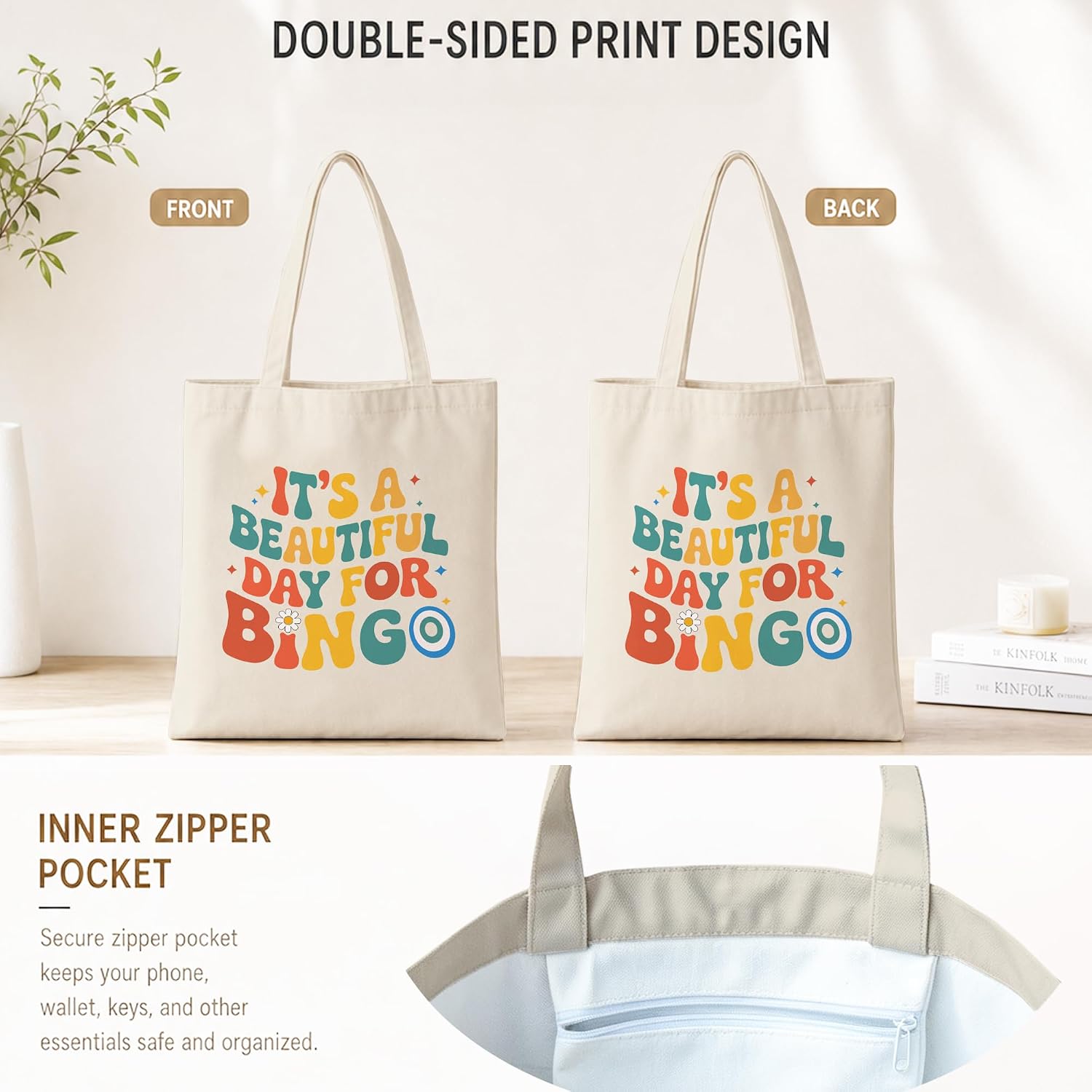Motivation Canvas Tote Bag for Women Shopping Work Travel with Inner Pocket image 4