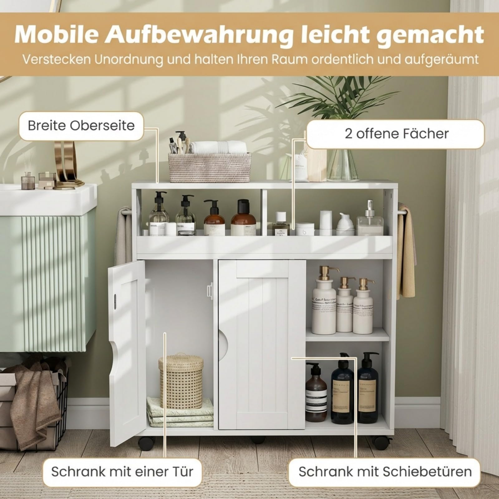 COSTWAY Nischenschrank mit Rollen, Badezimmerschrank schmal mit verstellbarem Regal & Handtuchhalter & Schiebetüren, Badrollwagen, Nischenwagen für Bad, Küche, kleine Räume, 75 x 20 x 72 cm