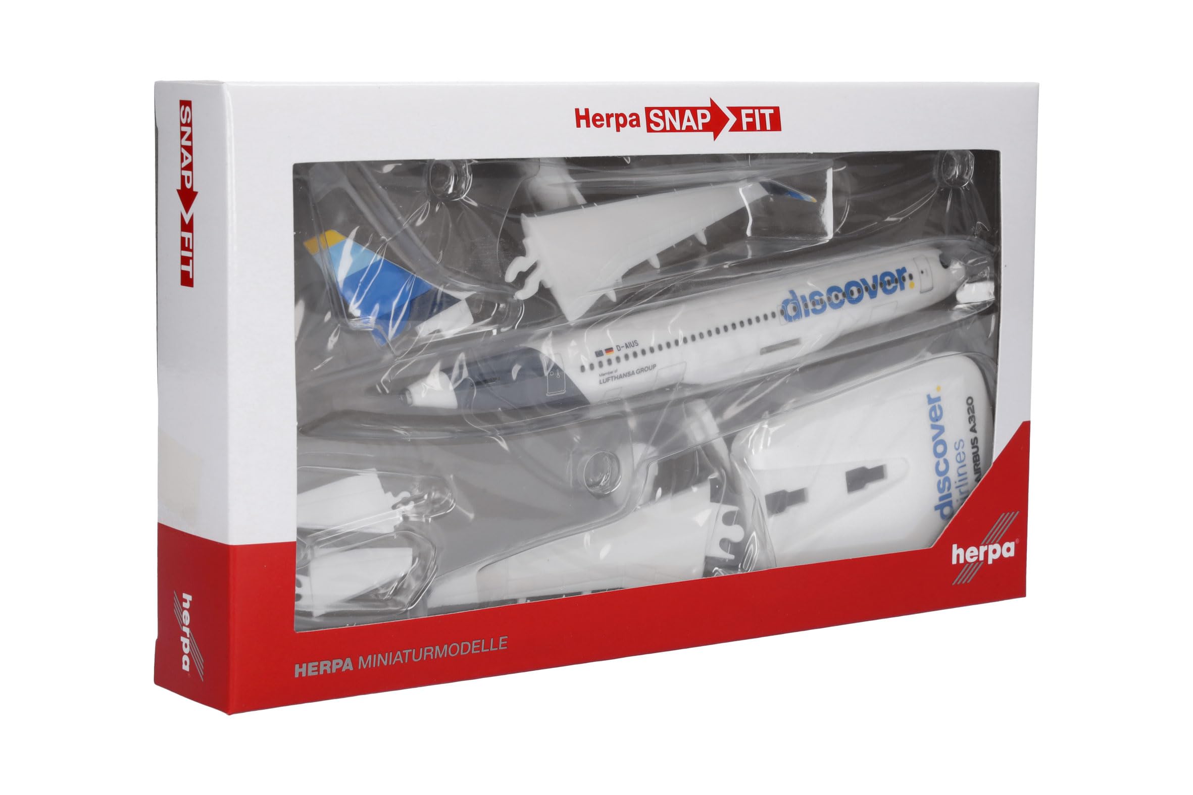Herpa modello aereo Snap-Fit Airbus A320 Discover Airlines, miniatura in scala 1:200, pezzo da collezione, con supporto, plastica.