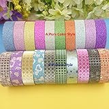 AKOAK 10 Roll/Set ⅝' x 4.5 Yards Rainbow Glitter Sparkle Decorative Washi Tape Masking Sticky Adhesive DIY Tape for Gift Wrapping Decoration, Scrapbooking?Pure Color Style?