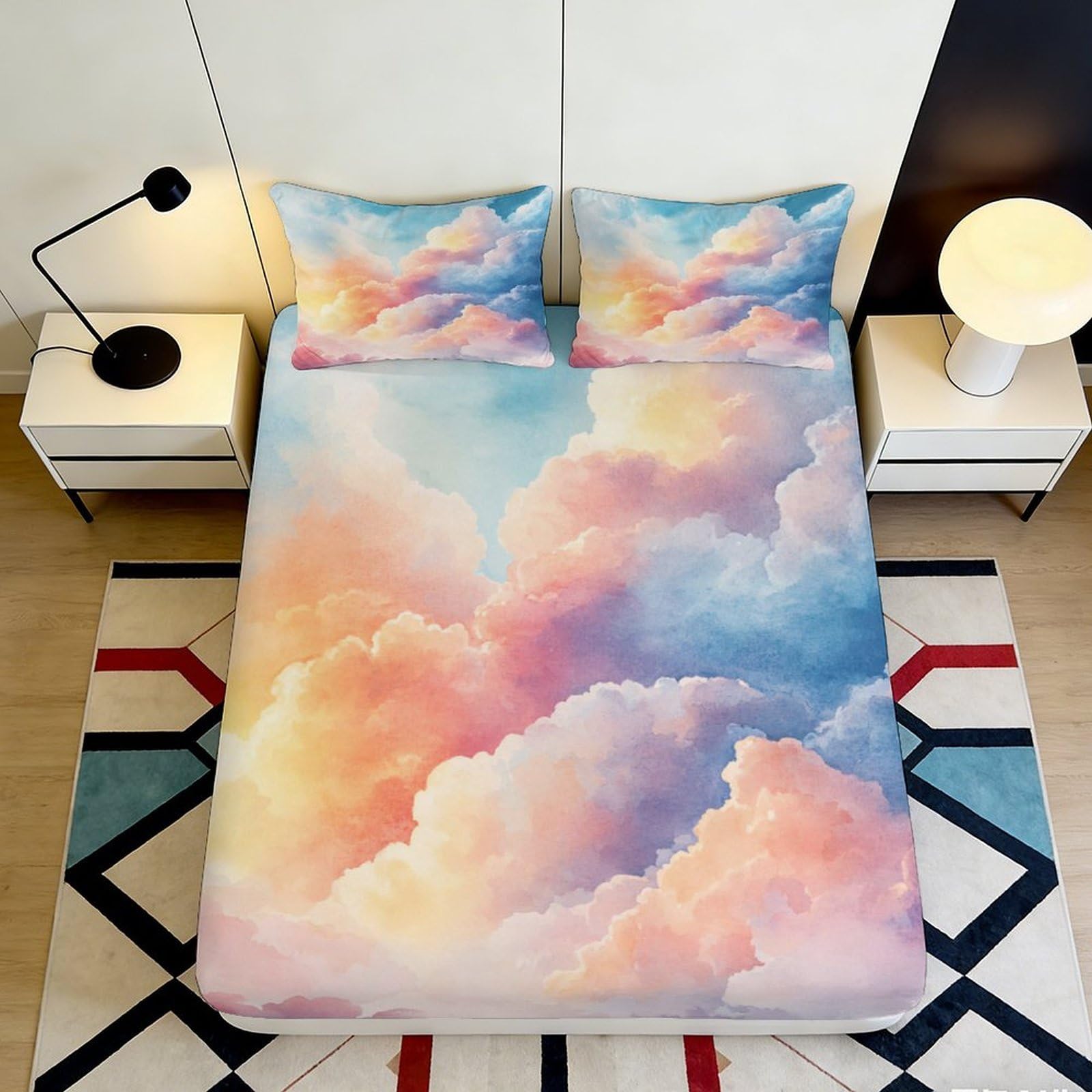3D Printed Sunset Cloud Fitted Sheet Microfiber Soft Pastel Sky Mattress Cover for Bedroom Dorm Decor Washable 140x200x25cm