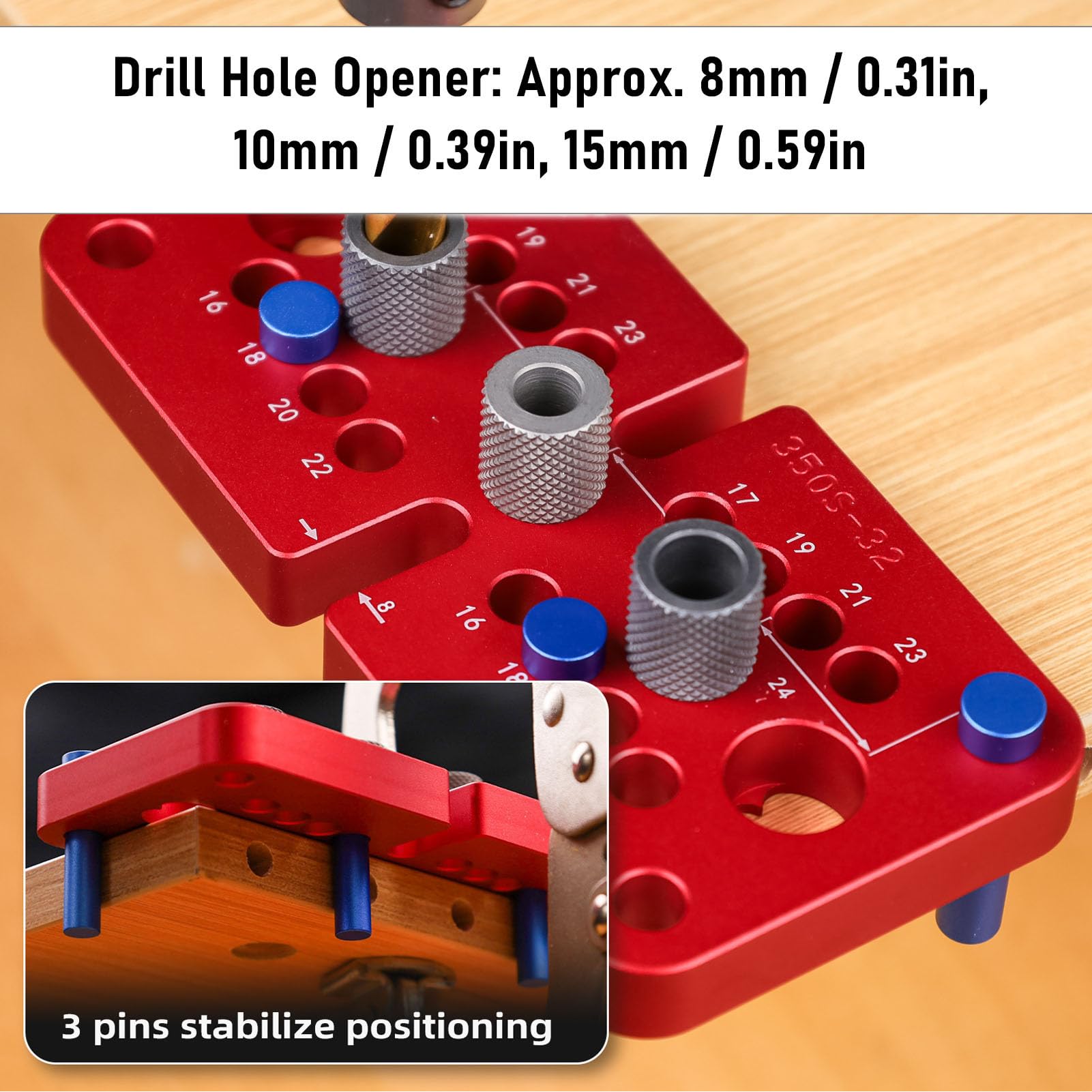 SIXRUN Guida per Foratura per Fori per Tasselli in Legno Kit di Maschere per Camma per Tasselli in Lega di Alluminio 8mm 10mm 15mm per Riparazione di Mobili Guida per Foratura per Posizione di