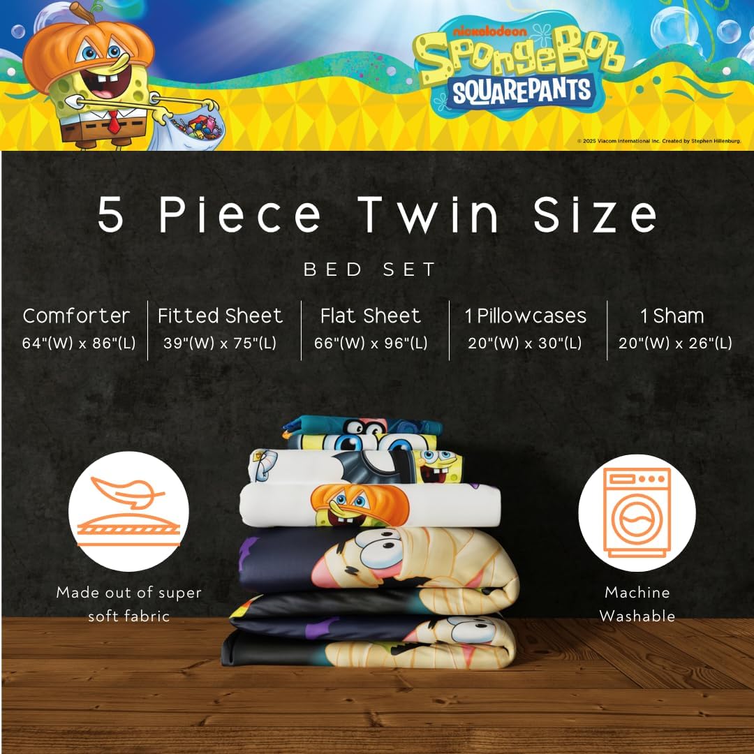 Spongebob Squarepants Kids Halloween Bedding 5 Piece Super Soft Cozy Reversible Comforter and Sheet Set with Sham, Twin, (Officially Licensed Product) by Franco - Image 3