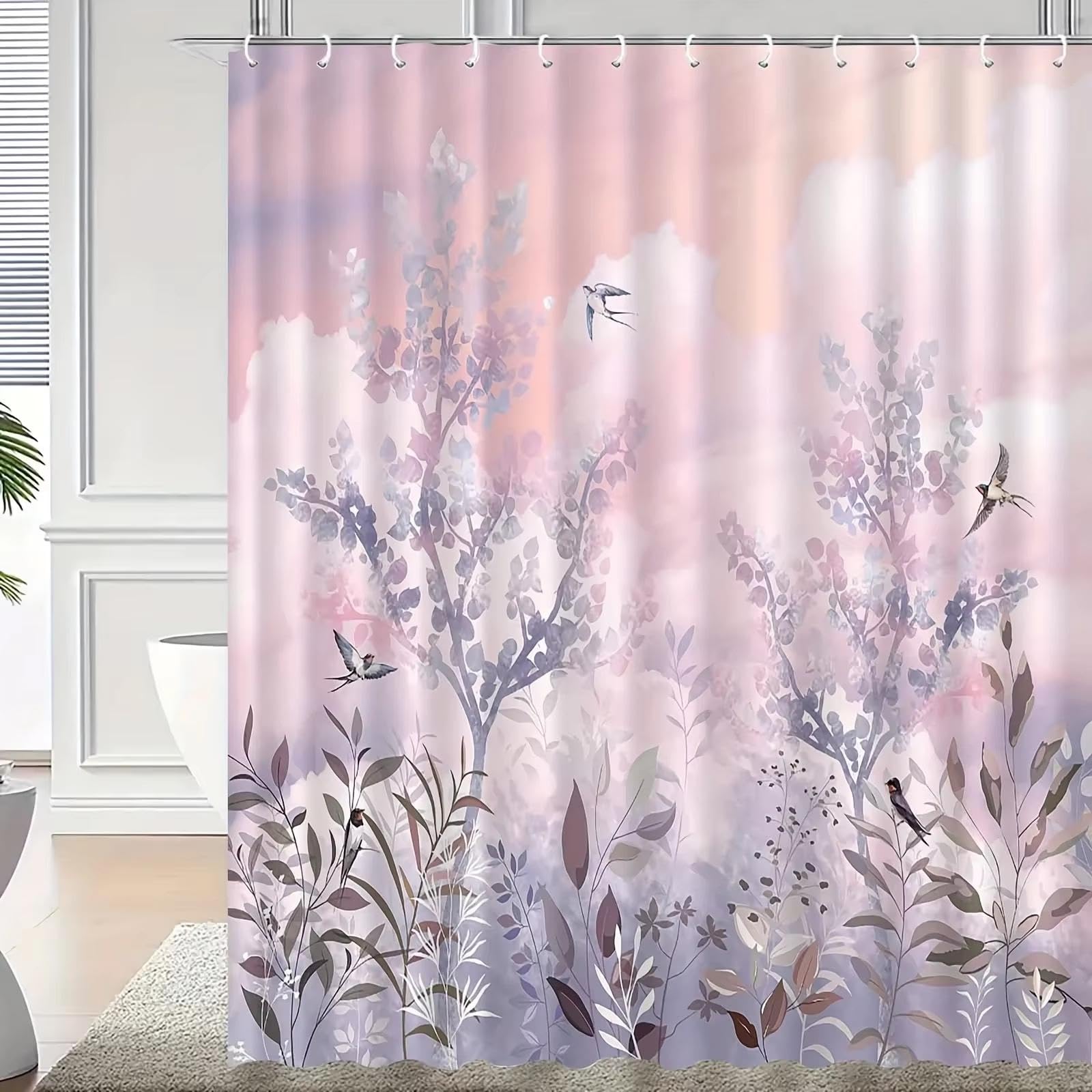 Rideau de douche chic et durable en tissu premium motif fleurs avec 12 crochets