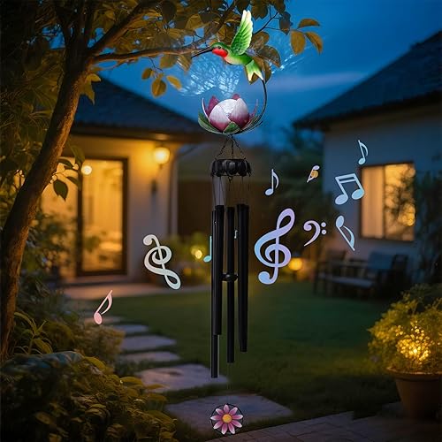 Miniatura 3 de MUMTOP Campanillas de viento solares para exteriores  Colibrí con luces de bola de vidrio de grieta de loto, campanillas de viento únicas para