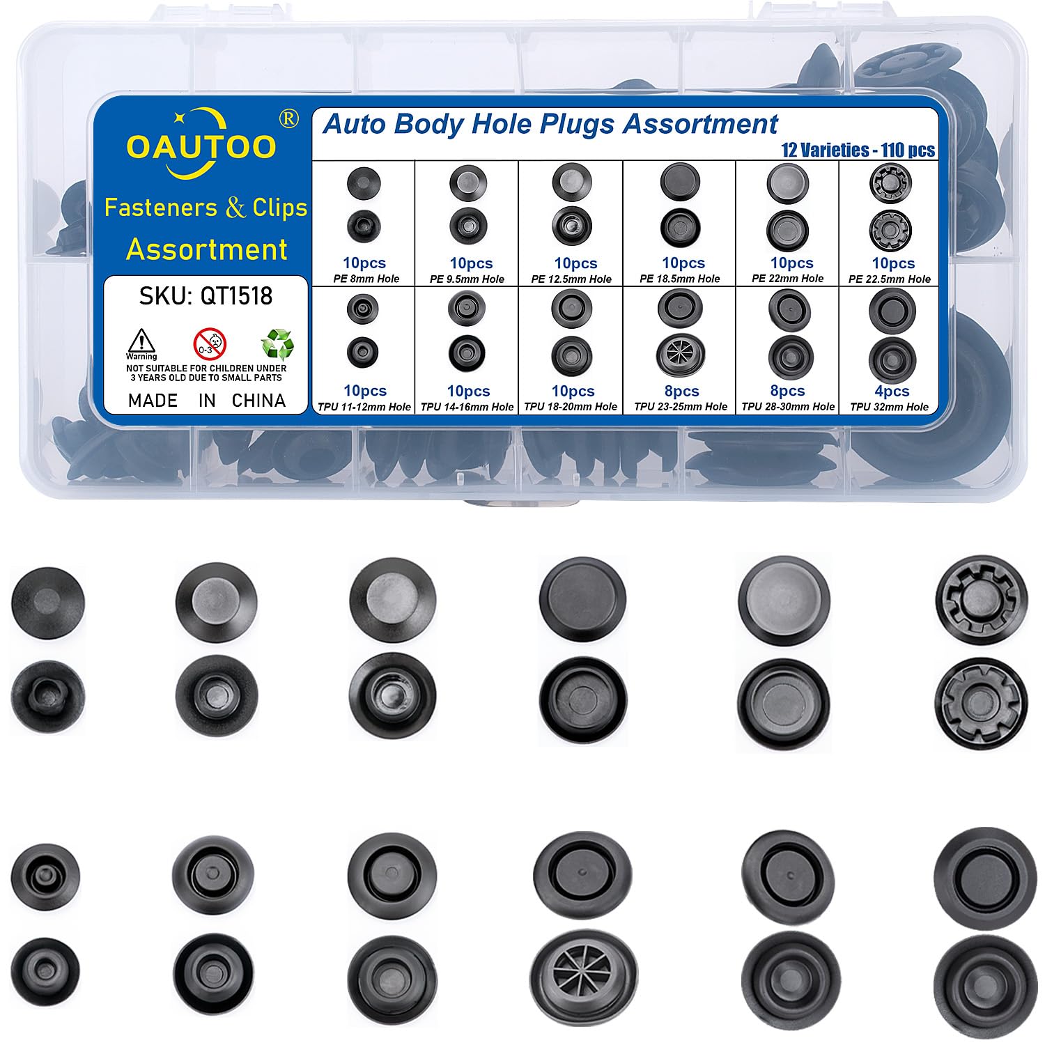 OAUTOO 110pcs Auto Body Sheet Metal Hole Plugs Assortment Flush Mount Black Plastic Hole Plugs Kit