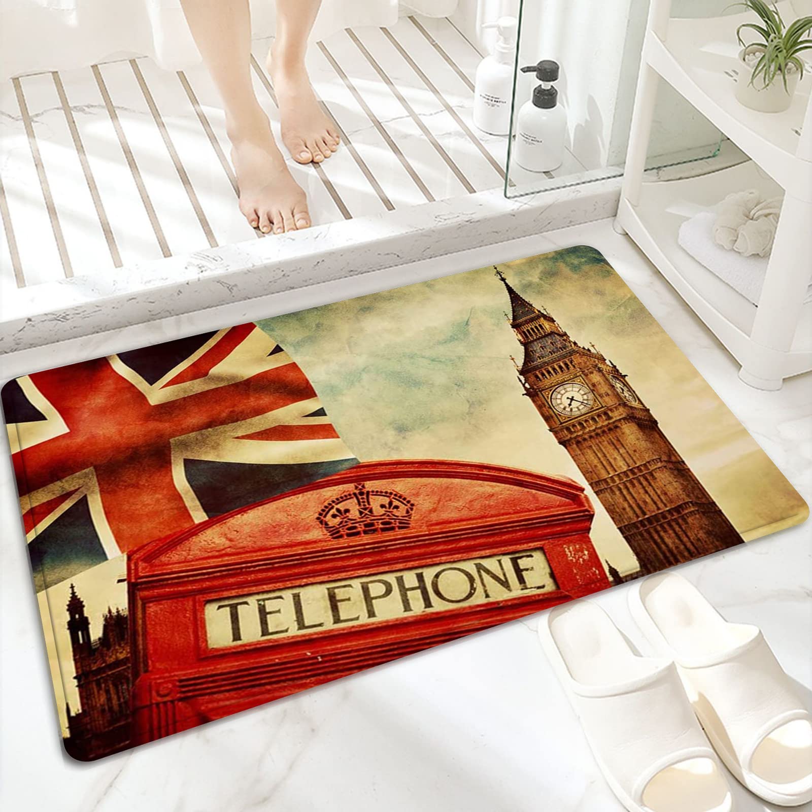 Microfiber Soft Bath Mat 60x100cm,Symbols of London, England, The UK Red Telephone Booth, Big Ben and The Na,Non-slip Bathroom Mats Machine-washable, Shower Water Absorbent Bath Rug Durable Floor Mats