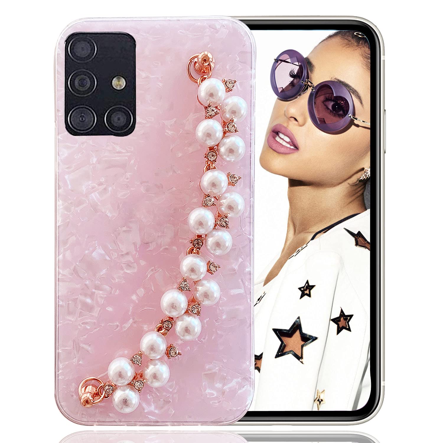 KC Back Cover for Samsung Galaxy A71, Cute Luxury Shiny Pearls Wrist Bracelet Chain Holder Soft Silicone Marble Shell Case (Pink) (B09G71PRLN) Amazon Price History, Amazon Price Tracker