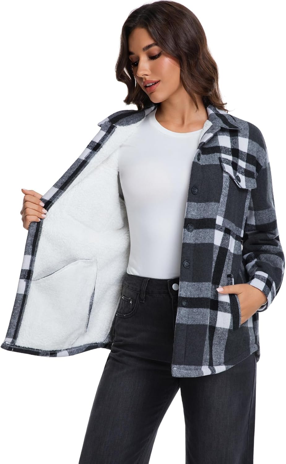 Women's Sherpa Fleece Lined Flannel Shirt Jacket Plaid Button Down Jacket Shacket for Women - Image 4