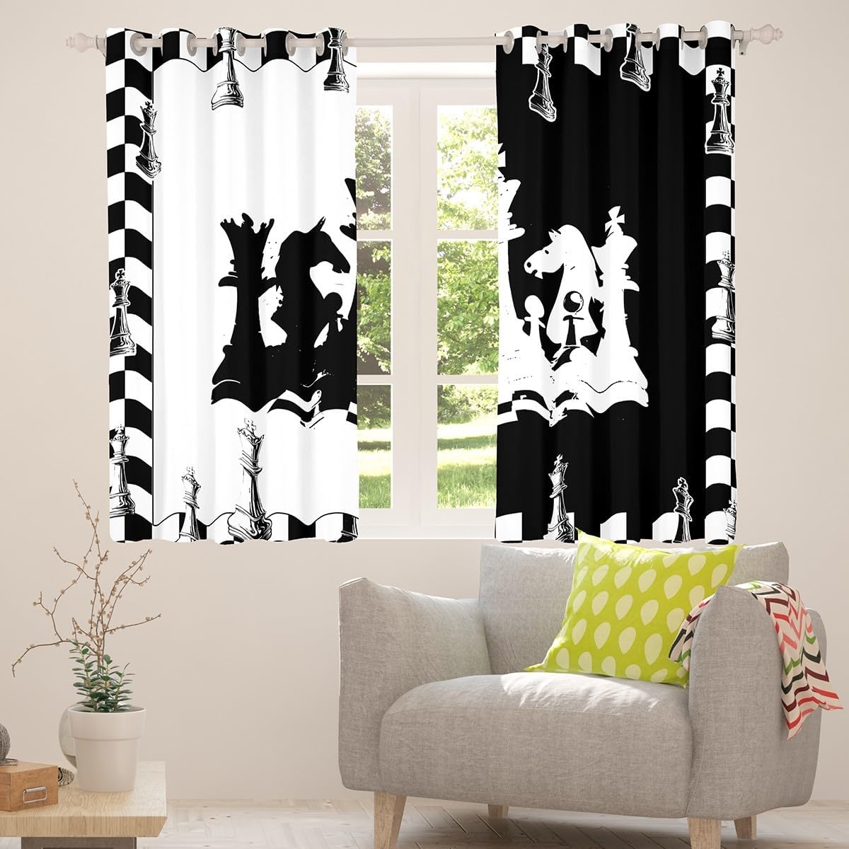International Chess Kids Blackout Curtain Chess Games Window Drapes for Boys Teens Adults Room Decor, Black and White Grid Window Treatments, Grommet Top 2 Panel Set Bedroom Curtains, 42Wx84L inch