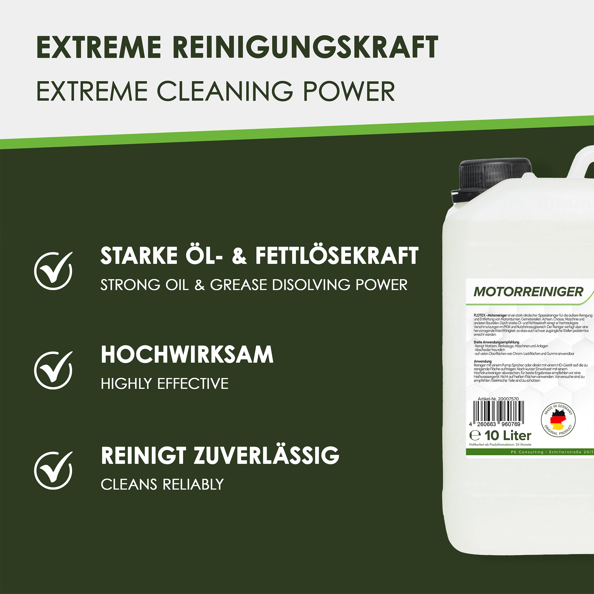 2x10L Motorreiniger - Konzentrat – Reiniger-Konzentrat für den Motor - Motorraum Reiniger & Entfetter - Motorsystemreiniger & Pflege von Auto, Motorrad & anderen Kfz