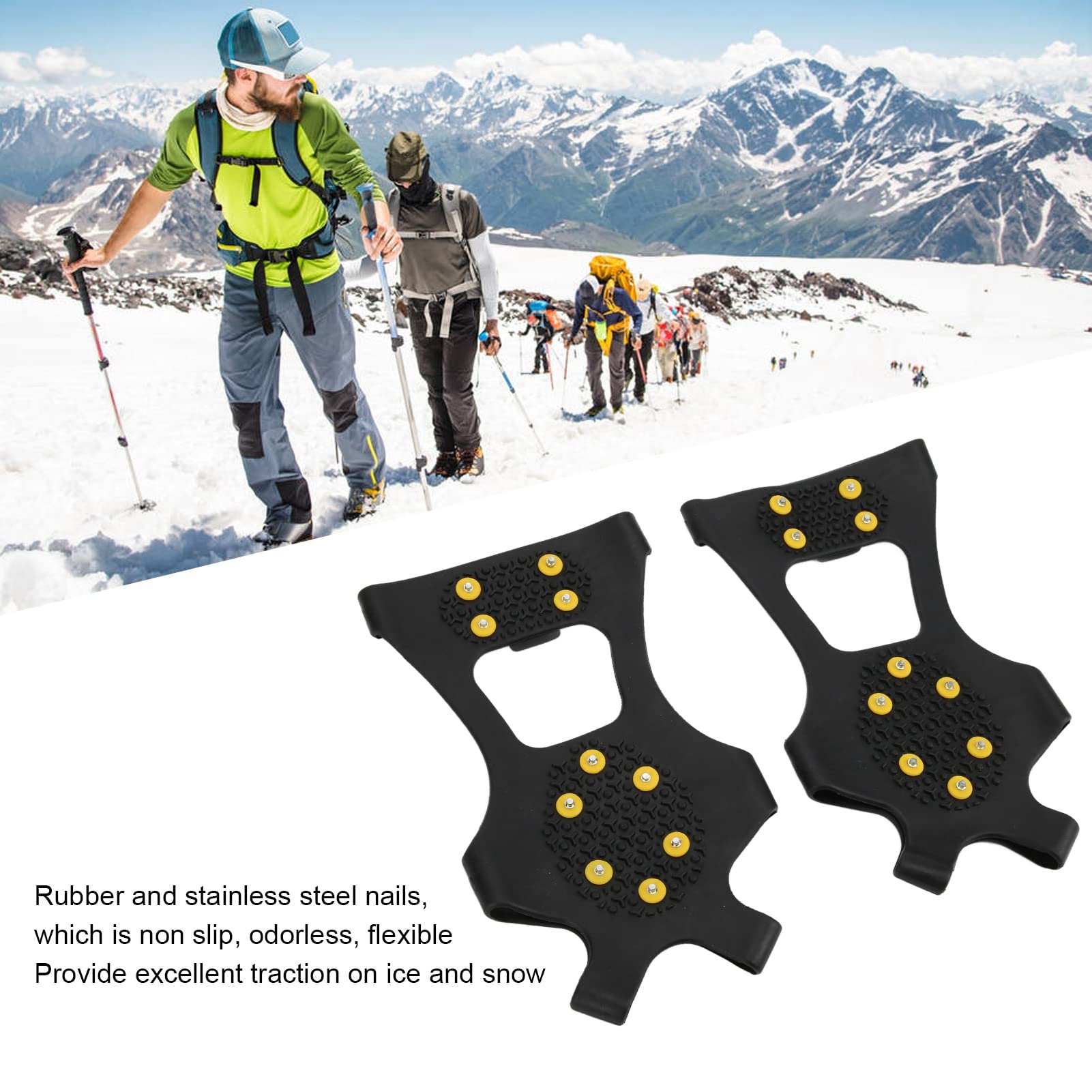 Crampons d'escalade sur Neige en Plein Air, 10 Dents, Pointes de Chaussures Antidérapantes, Large Application, Acier Inoxydable, Noir