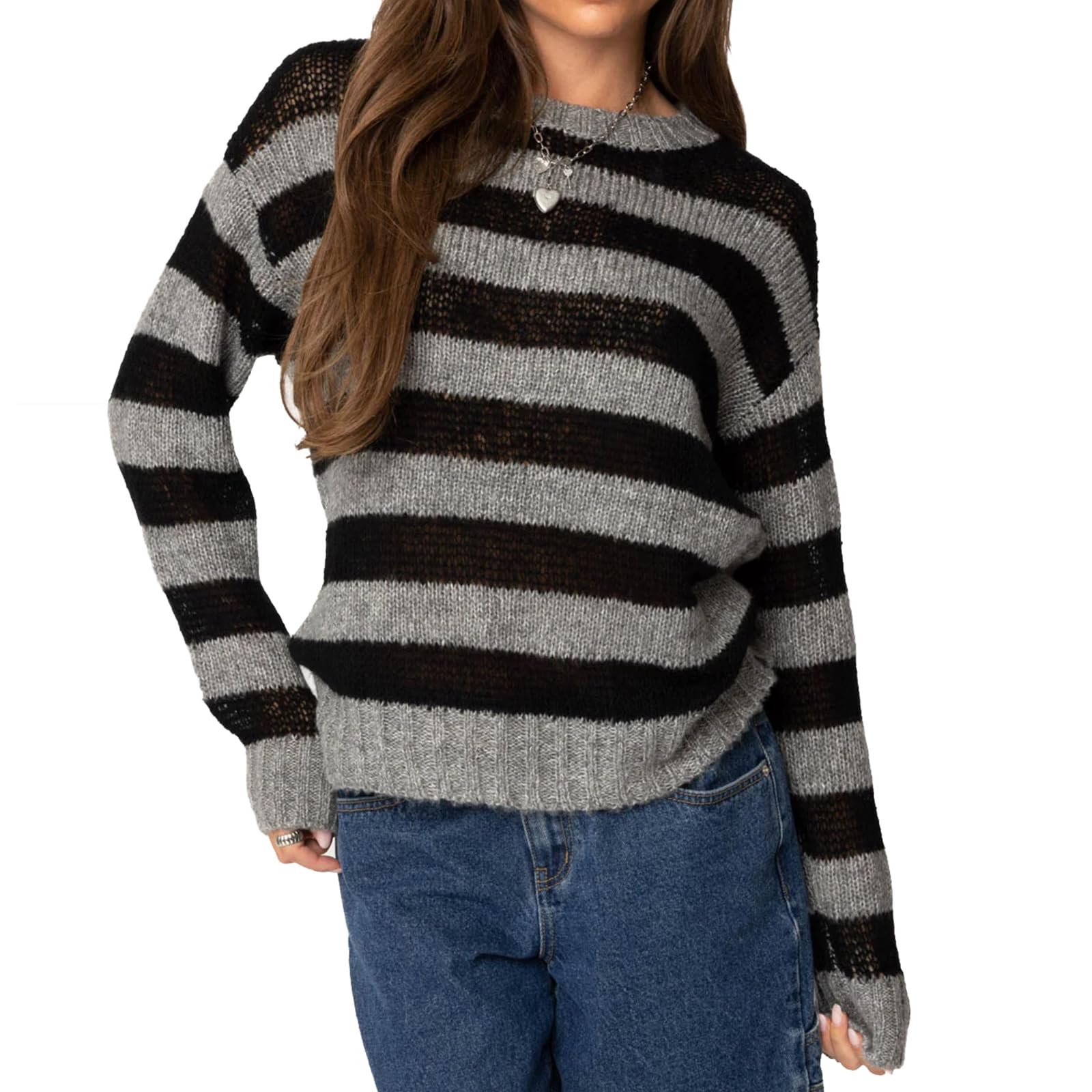 Women Oversized Sweater Y2K Striped Pullover Sweater Long Sleeve Vintage Preppy Knitwear 90S Streetwear