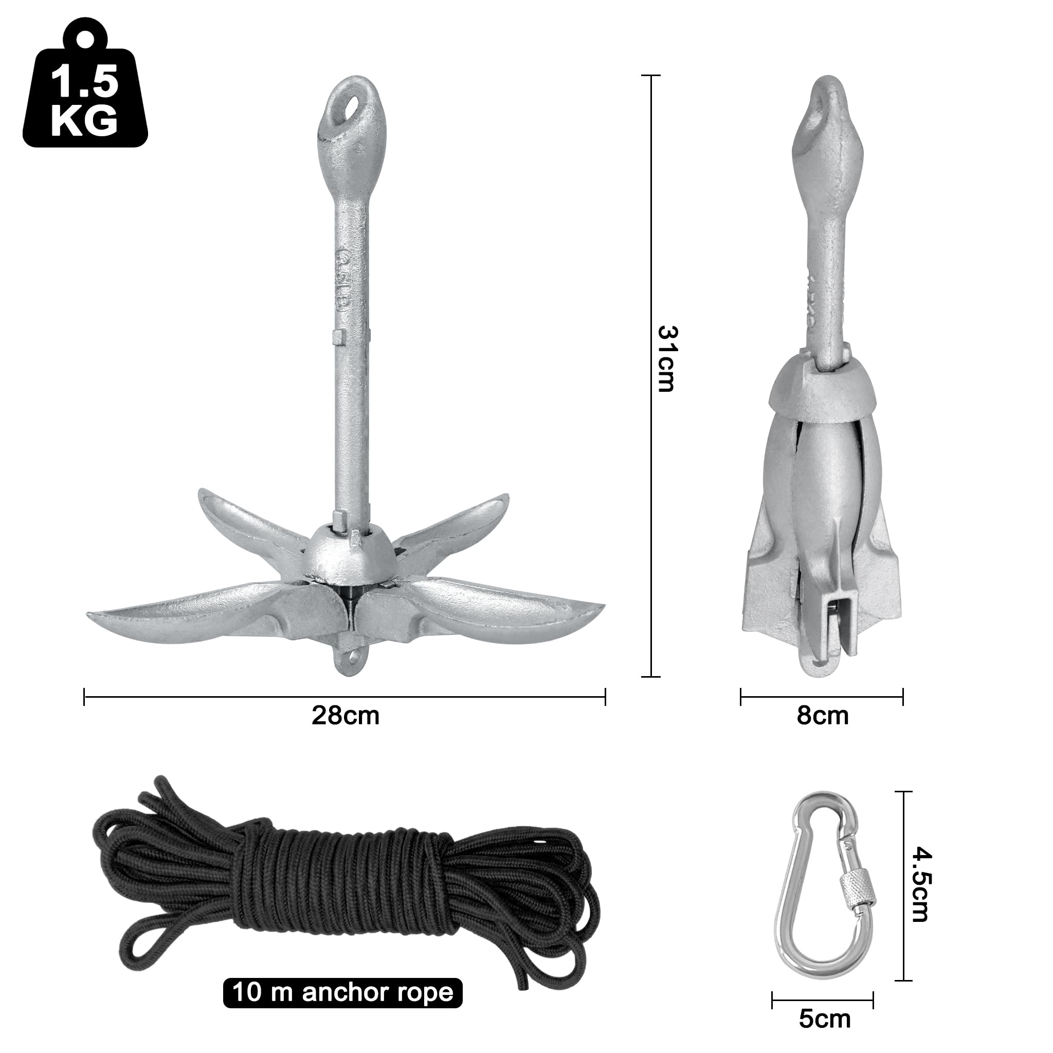 YUENFONG Faltanker Anker Klappanker mit 10 m Ankerseil, Eisenverzinkte Ankerset Vierhakenanker inkl. wasserdichte Tasche, für Kajaks, Kanus(1.5kg)