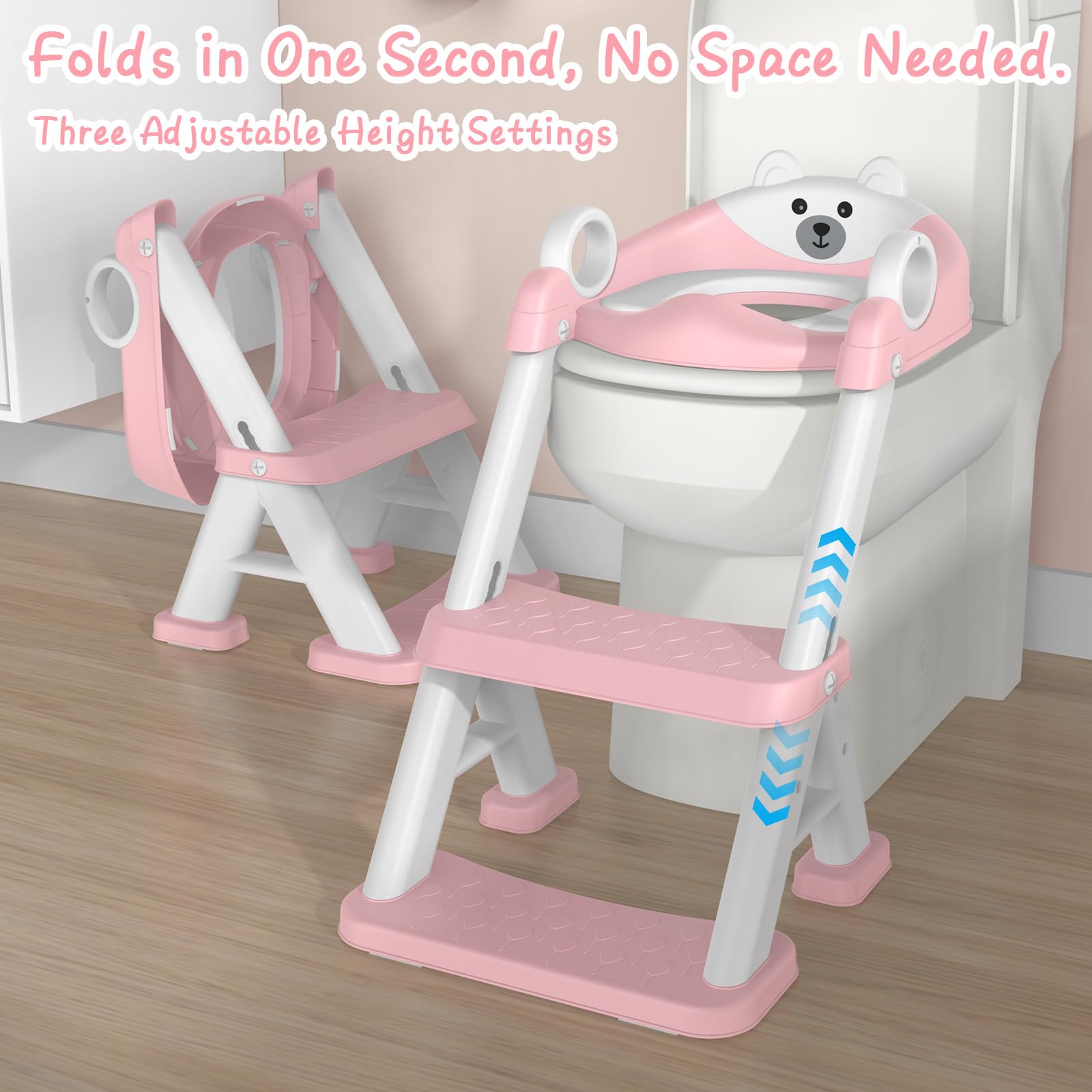 Riduttore WC Bambini, Sedile Rialzato per Bambini Maschi e Femmine, Riduttore WC 2 in 1 con Scaletta, Riduttore WC Sedile del Water con Seggiolino per Bambini, Pedana Antiscivolo Anti-Spruzzo, Rosa
